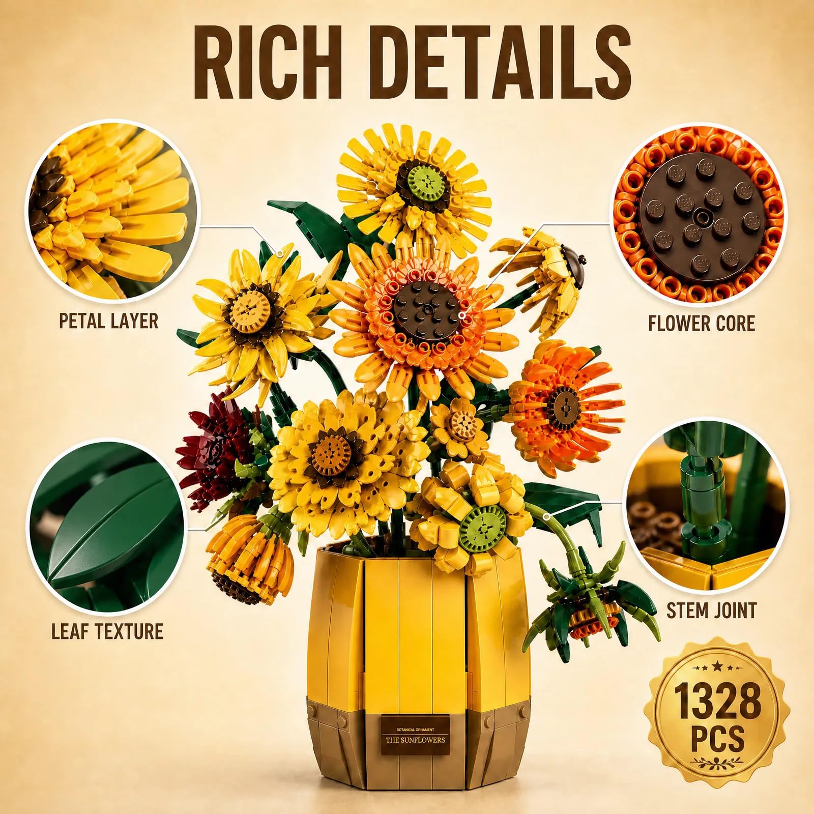 Sosuy Set Costruzioni Girasole, Quadro Floreale da Parete 2-in-1 con Cornice, Decorazione Casa, Gioco STEM per Donne Adulte Ragazze, Regalo Compleanno Donna 1011+ Pezzi
