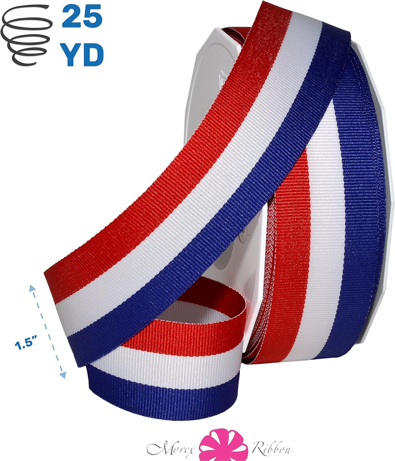 Morex Ribbon 93609/25-914 Striped Grosgrain Ribbon 1.5" X 25 YD Patriotic Ribbon for Gift Wrapping, Red/White/Blue, 4th of July Decorations, American Flags Art Supplies Gift Ribbons for Crafts