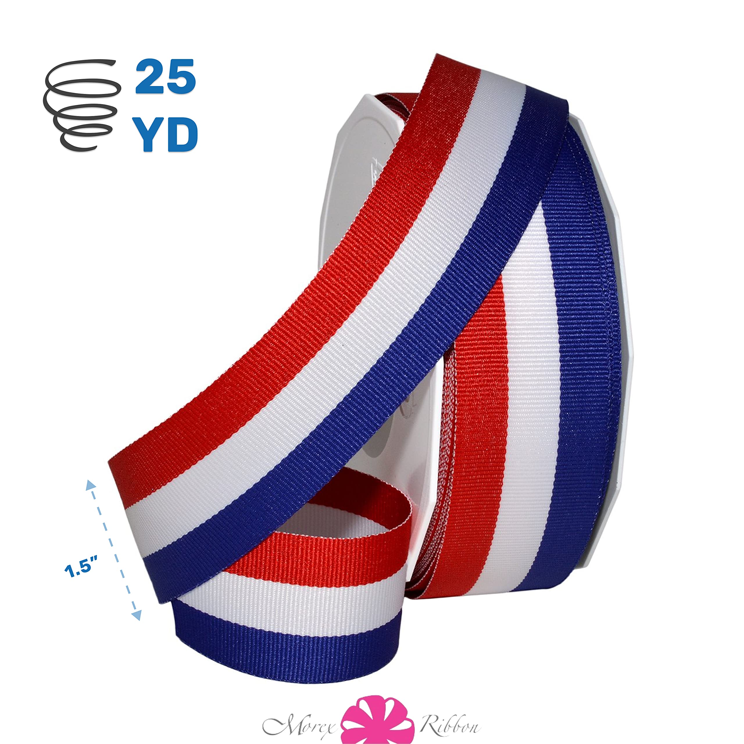 Condition photo showing New/Like New for morex ribbon 93609/25-914 striped grosgrain ribbon 1.5" x 25 yd patriotic ribbon for gift wrapping, red/white/blue, 4th of july decorations, american flags art supplies gift ribbons for crafts