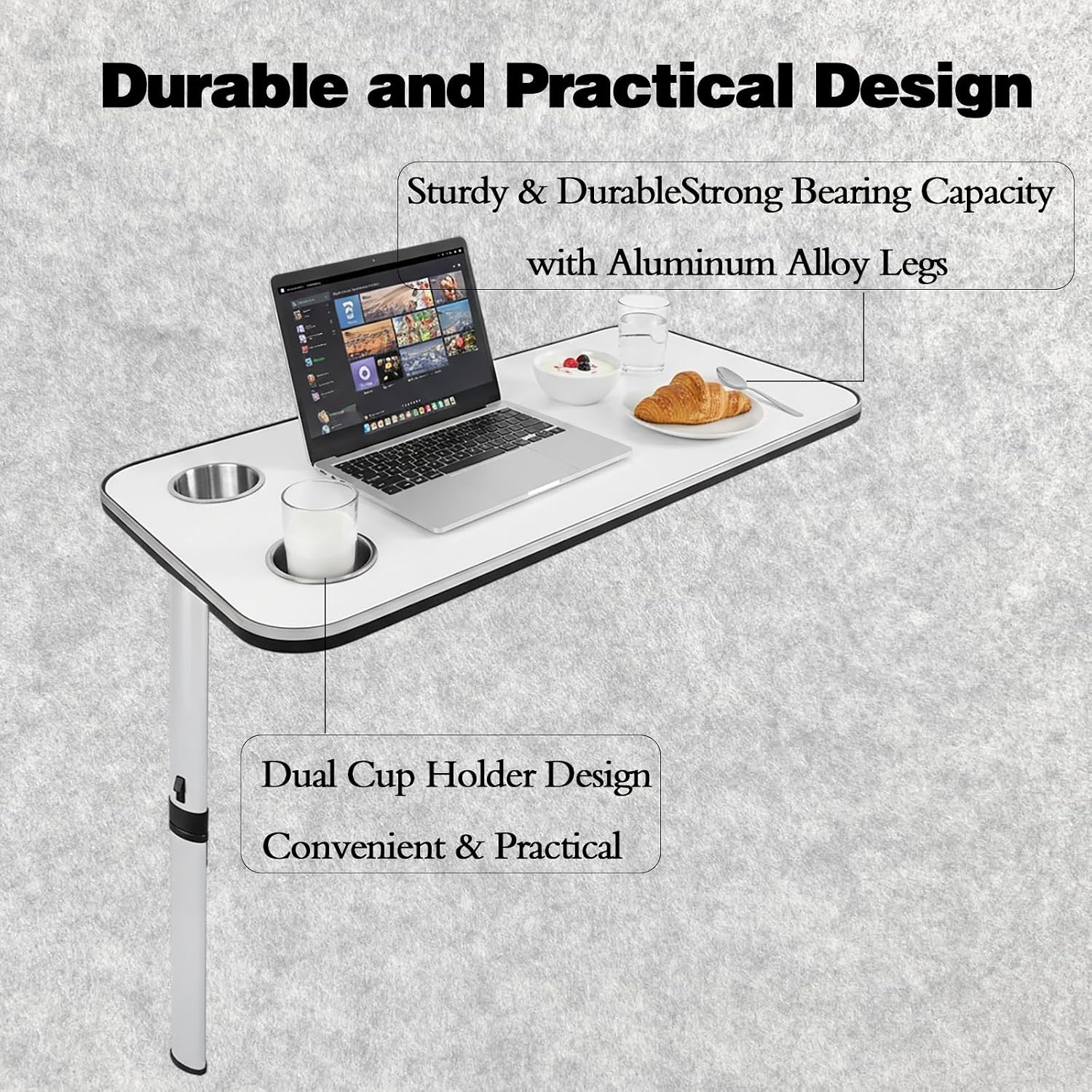 Adjustable RV Table Set with White Top and Aluminum Alloy Legs - Foldable, Space-Saving Design with Dual Cup Holders - 80x40cm Table for RV, Camper, and Motorhome (Silver Table Leg+Tabletop)