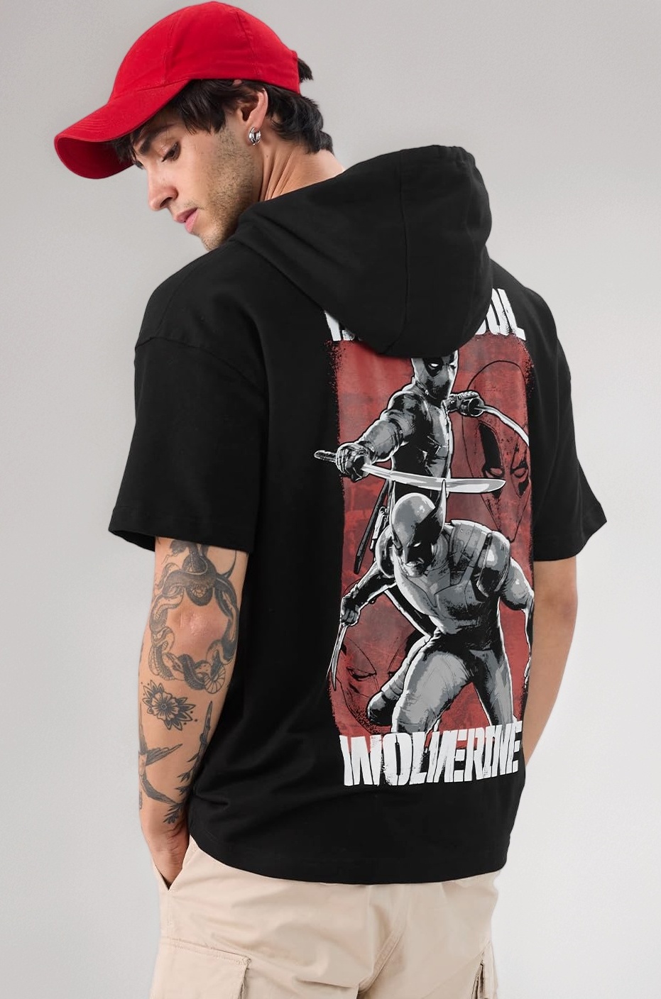 Official Marvel: Deadly Duo Men and Boys Short Sleeves Black Graphic Printed Cotton Oversized Fit Hooded T-Shirts