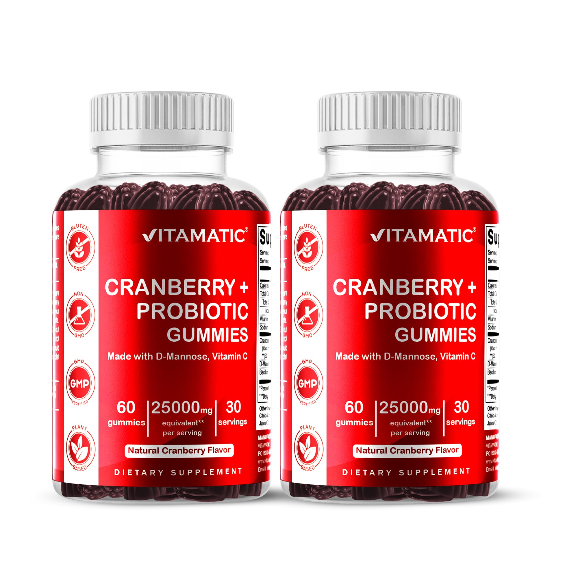 Vitamatic 2 Pack Vegan Cranberry Gummies with D-Mannose, Probiotic & Vitamin C for Women Urinary Tract Health - 25000mg Equivalent Per Serving (from 50:1 Extract 500 mg) - 60 Count