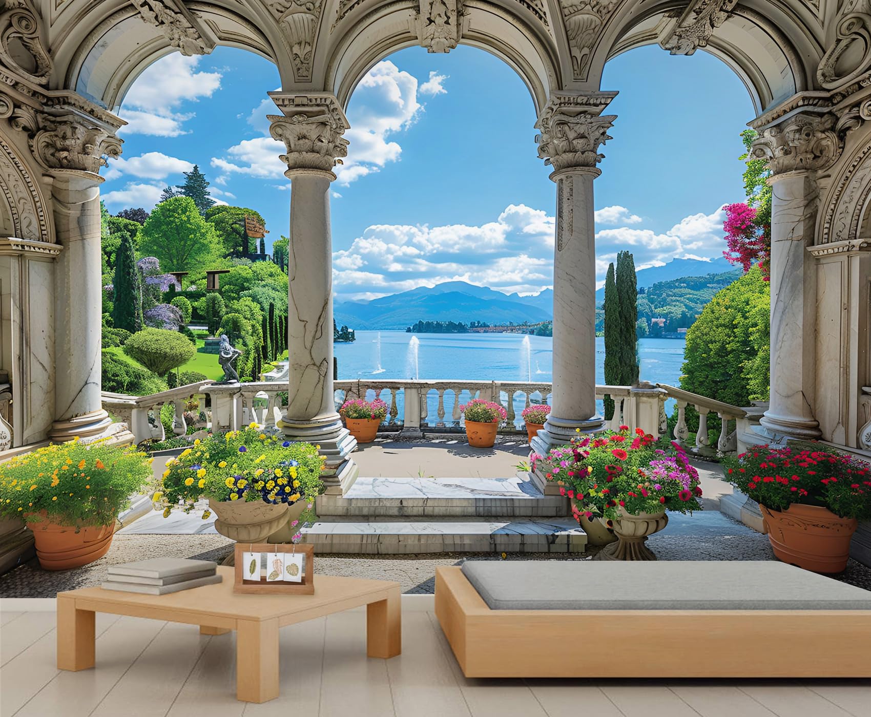 Roman Column Arch Mural Classical Architecture Wallpaper Mediterranean Garden Wall Murals Vintage European Landscape Wallpaper for Bedroom 390 x 260 cm