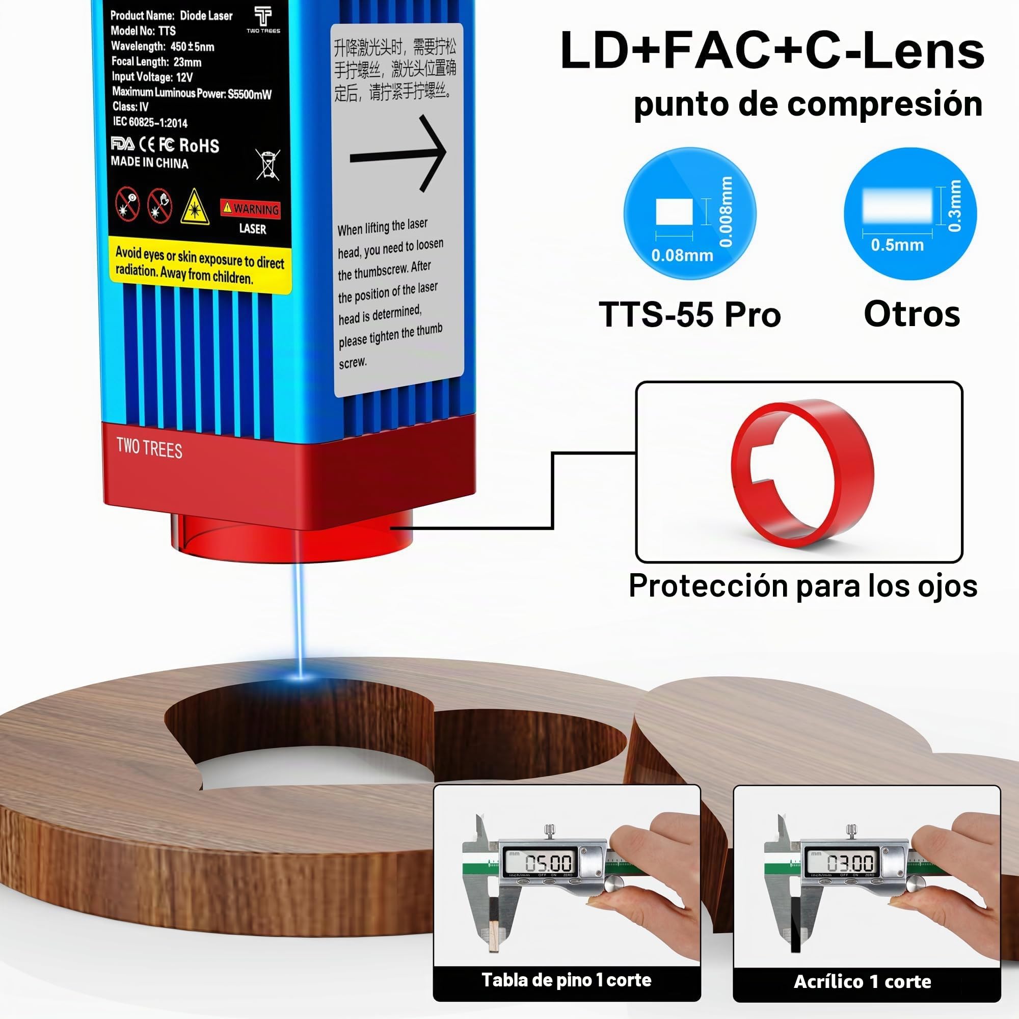 Twotrees TTS-55 Pro 5-5.5W Grabador Láser para Rompecabezas de Madera 3D 5.5 W Máquina de Foco Fijo con 30L/min Unidad de Bomba de Aire Kit de Rodillos Rotativos