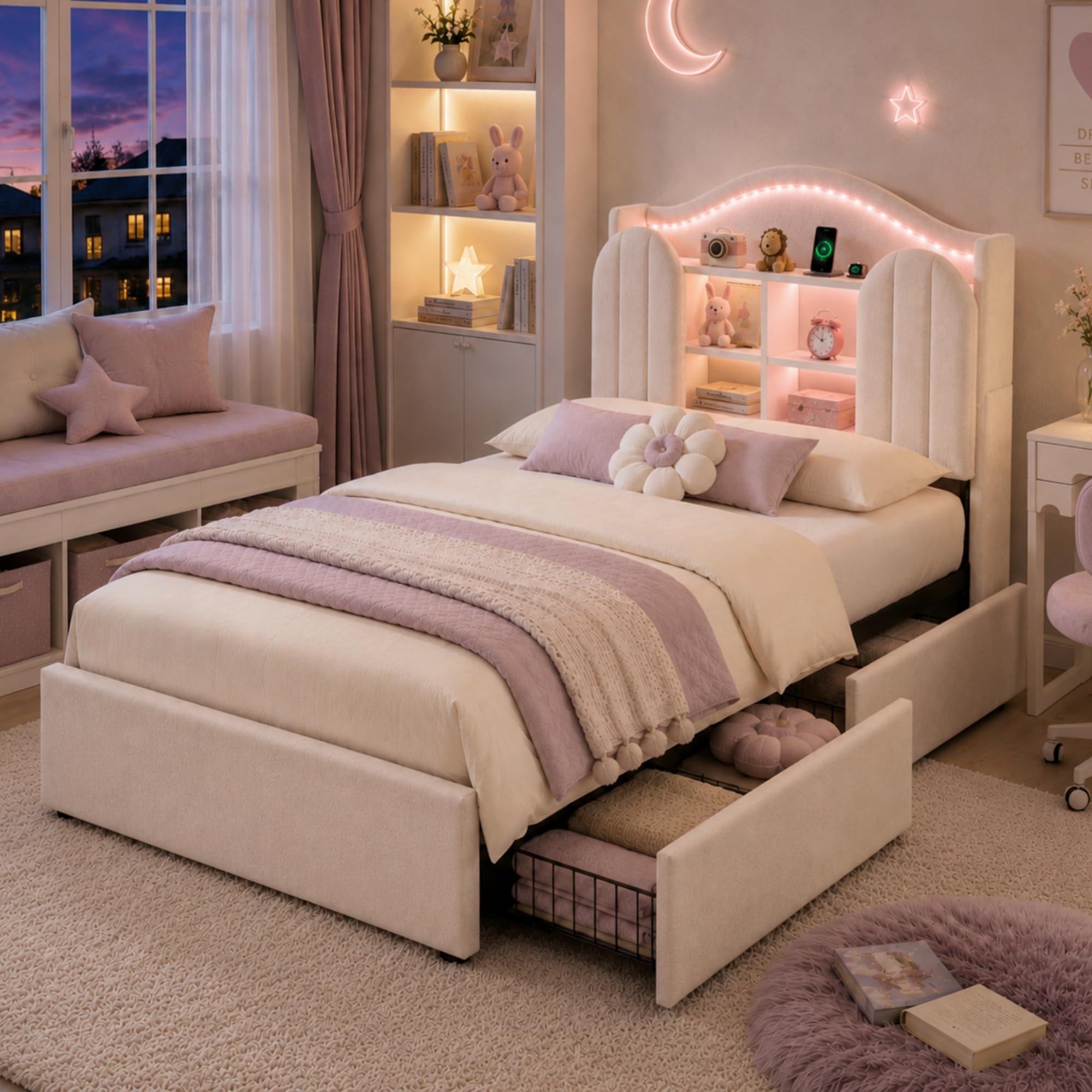 Ball & Cast 3FT Single Kids Bed Frame 90 x 190 cm, Upholstered Bed with House-Inspired LED Storage Headboard, Charging Station & 2 Reversible Drawers, Cream White, Velvet