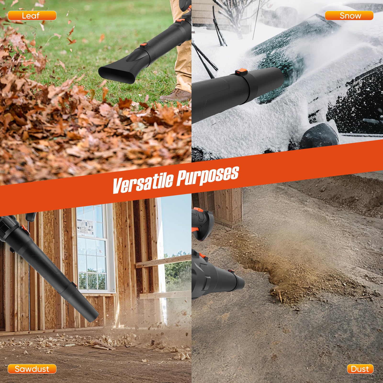 Soffiatore Foglie, Potente Soffiatore per Foglie a Batteria con Velocità Regolabili, Soffia Foglie con 2 Batterie da 4,5 Ah e Caricabatterie, Leaf Blower con 3 Tubi per la Cura del Prato, Foglie