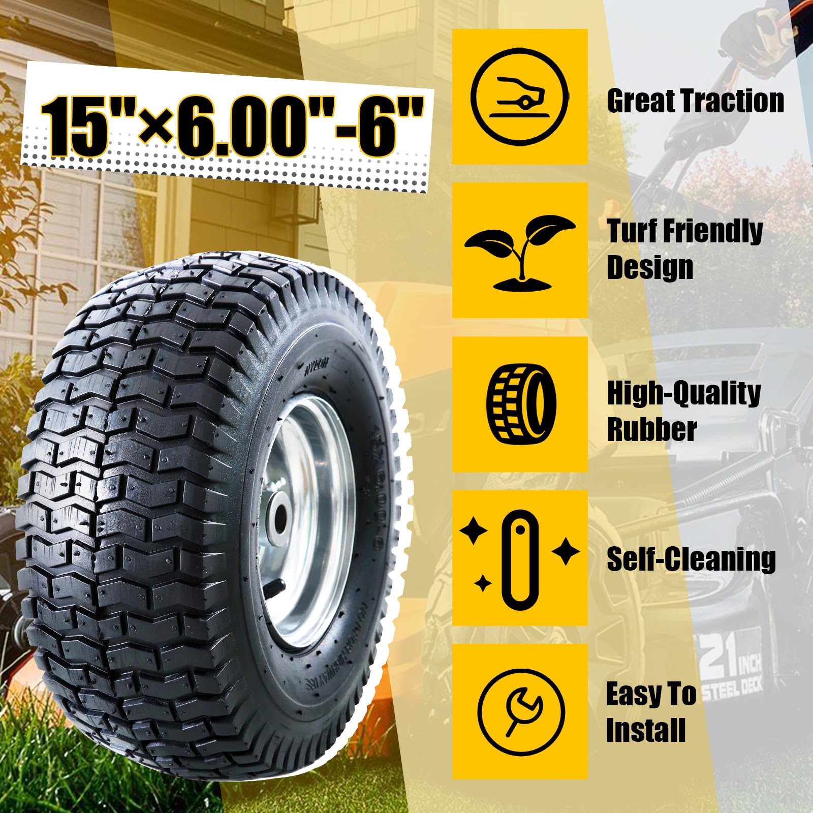 MZREXN Neumáticos y conjunto de rueda para cortacésped 15x6.00-6, repuesto de neumáticos delanteros, compatible con cortacéspedes John Deere y más cortacéspedes de montar, tractores de césped, 4 capas