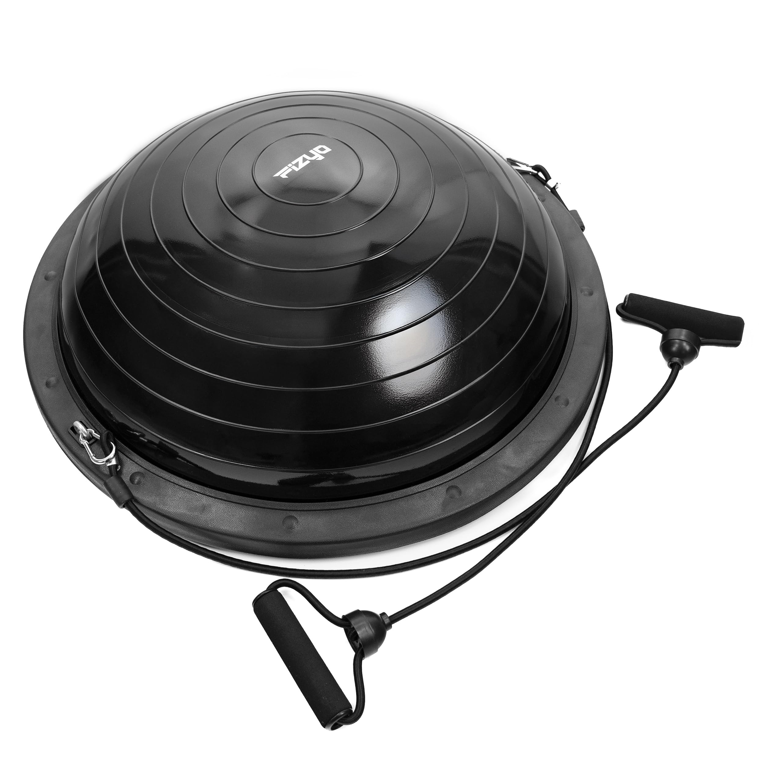 FIZYO Balance Trainer Demi-Boule Ø 58 cm, Ballon d'Équilibre Antidérapant avec Bandes de Résistance & Pompe pour Entraînement Core, Yoga, Pilates, Fitness, Physiothérapie & Rééducation, Noir