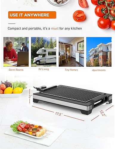 Miniatura 7 de COMMERCIAL CHEF Parrilla de interior para mesa, encimera o cocina, parrilla eléctrica de 1600 W con control de temperatura ajustable, acero