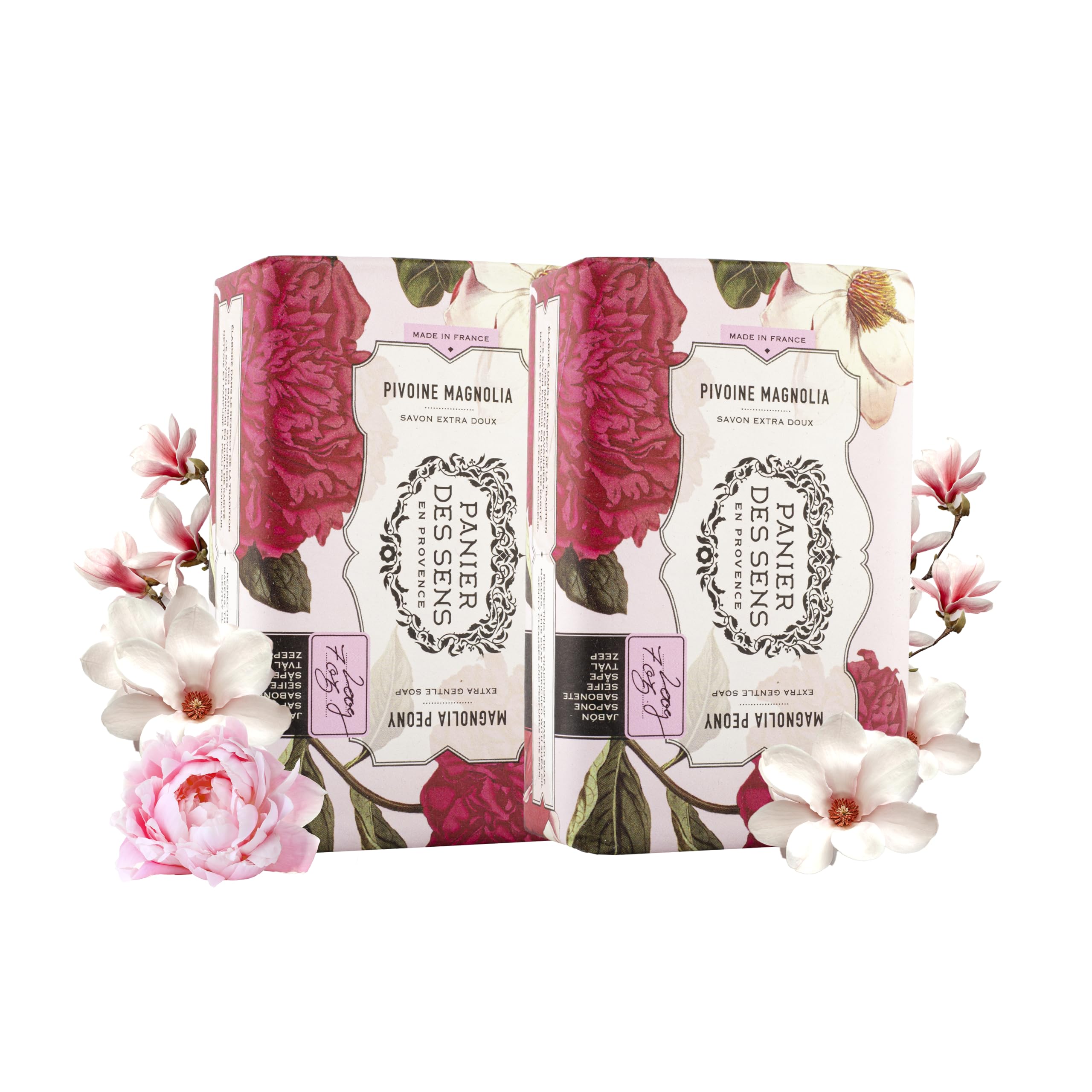 Panier des Sens Magnolia Peony Shea butter natural bar soap, bath & body soap bars - Made in France 95% natural - 2 bars, 7oz/200g each