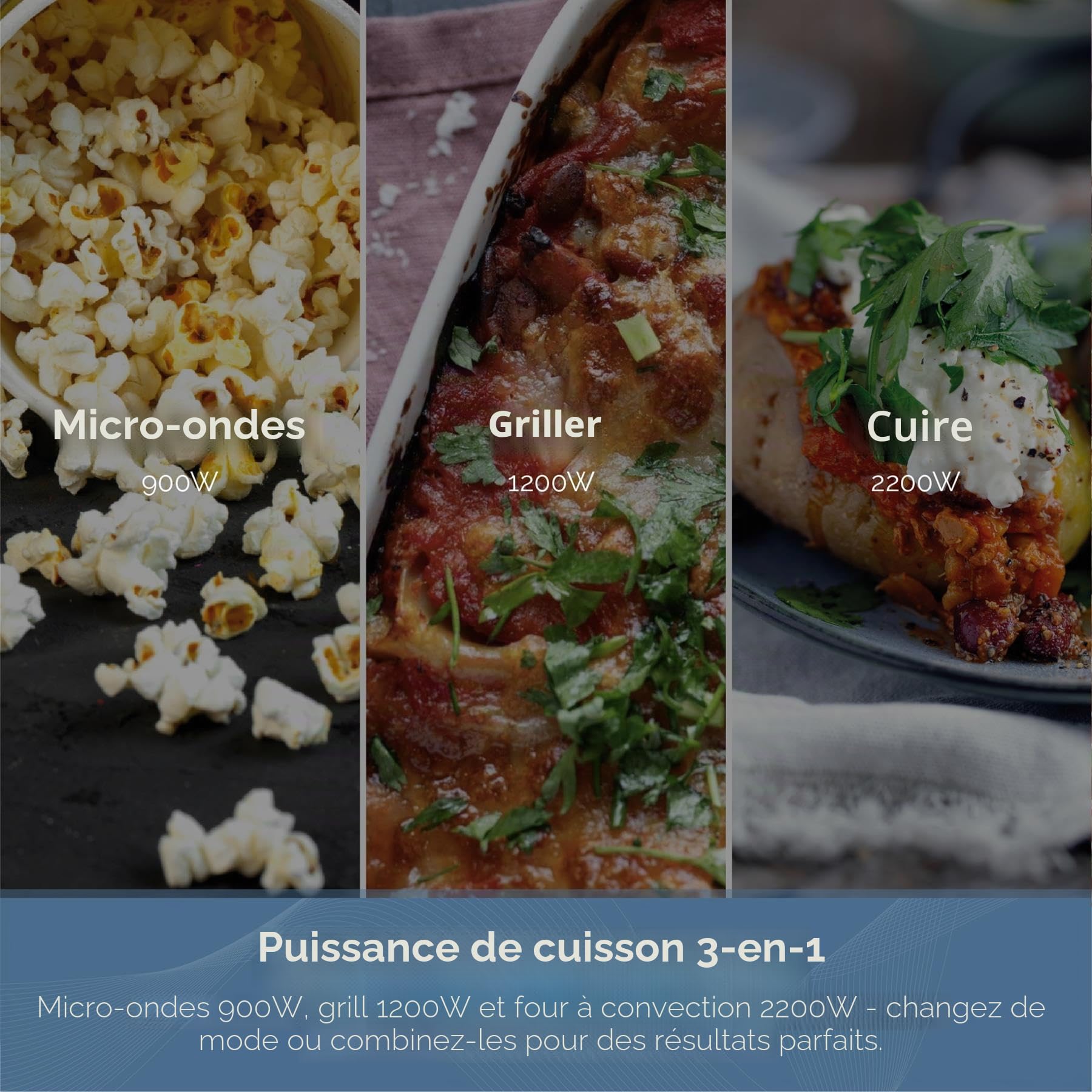 Rediffusion Micro-onde numérique 30 L, micro-ondes 900 W, grill 1200 W et convection 2200 W, grille de gril, dégivrage, cavité en acier inoxydable, 5 niveaux de puissance, 8 menus automatiques