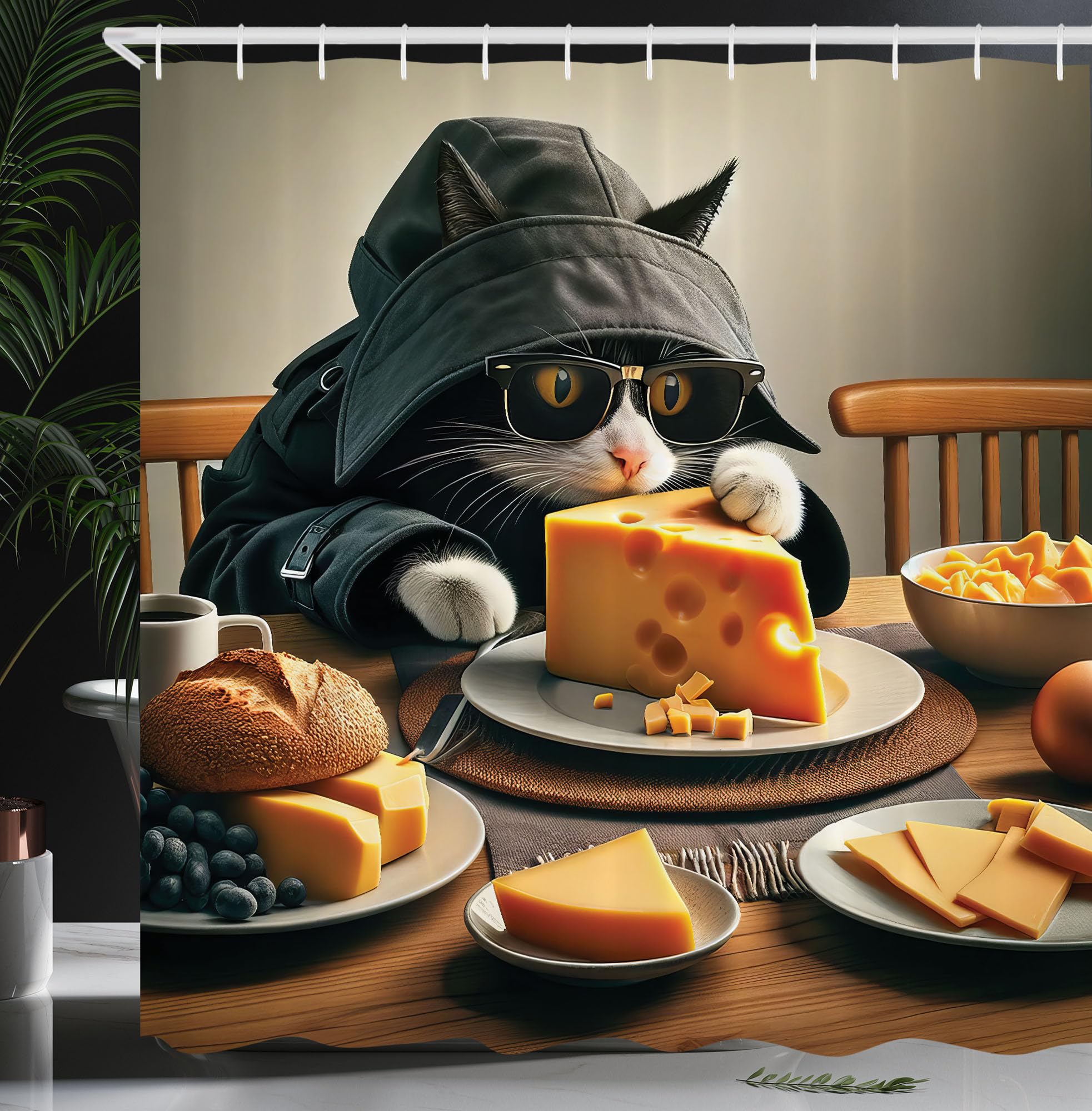 ABAKUHAUS Cat Shower Curtain, Kitty Having Feast with Cheese, Cloth Fabric Bathroom Decor Set with Hooks, 175 x 240 cm, Marigold Anthracite Grey