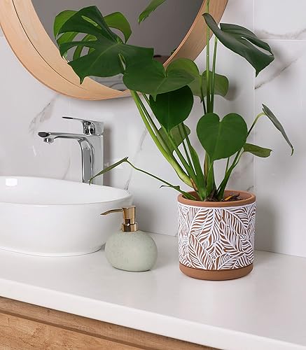 Miniatura 6 de D'vine Dev Juego de 2 macetas de terracota, maceta con patrón de hojas, 4 y 6 pulgadas, maceta con orificio de drenaje y platillo, terracota/blanco,