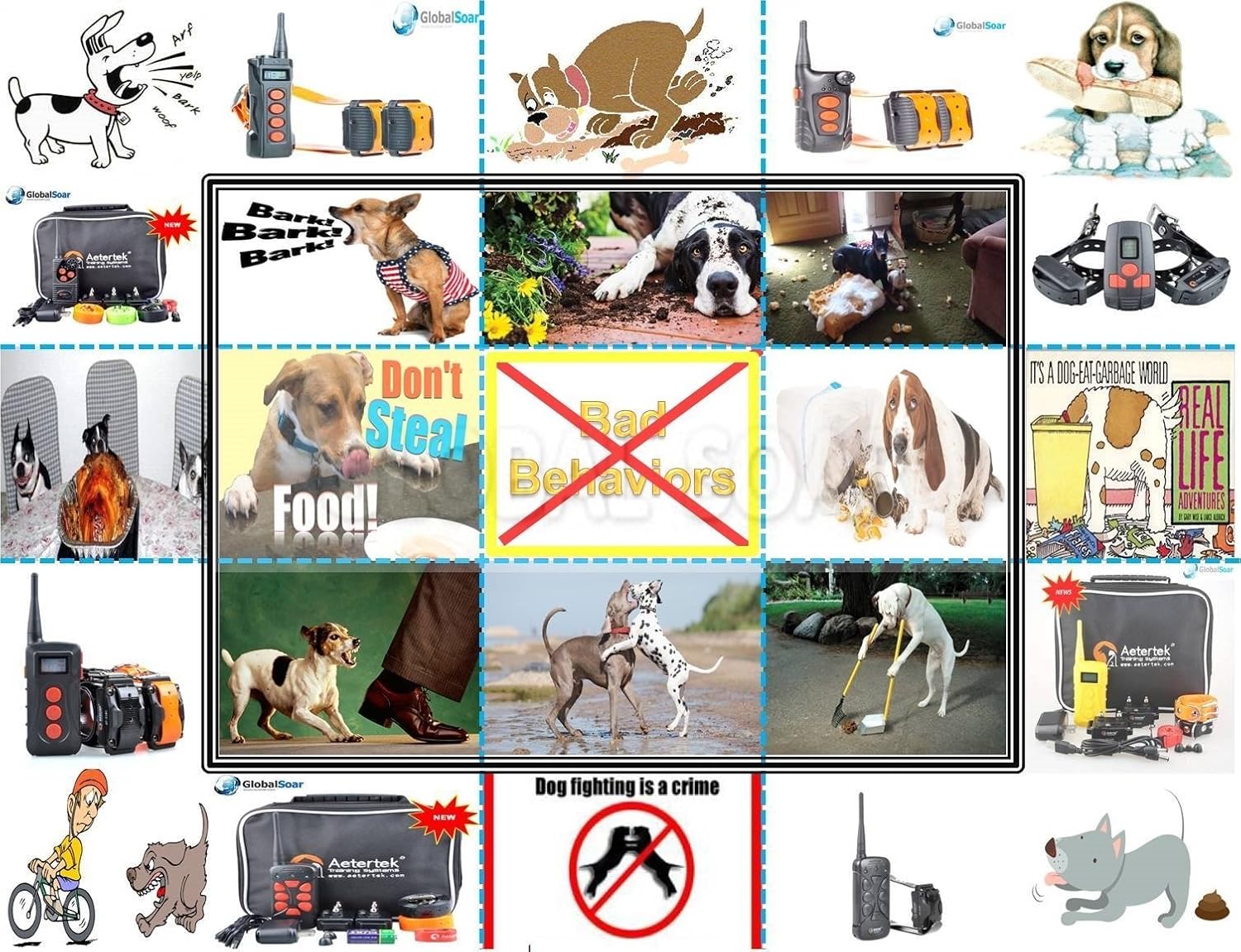 Үрүү, казуу, тамак уурдоо жана мушташ сыяктуу ар кандай жагымсыз иттердин жүрүм-турумунун коллажы