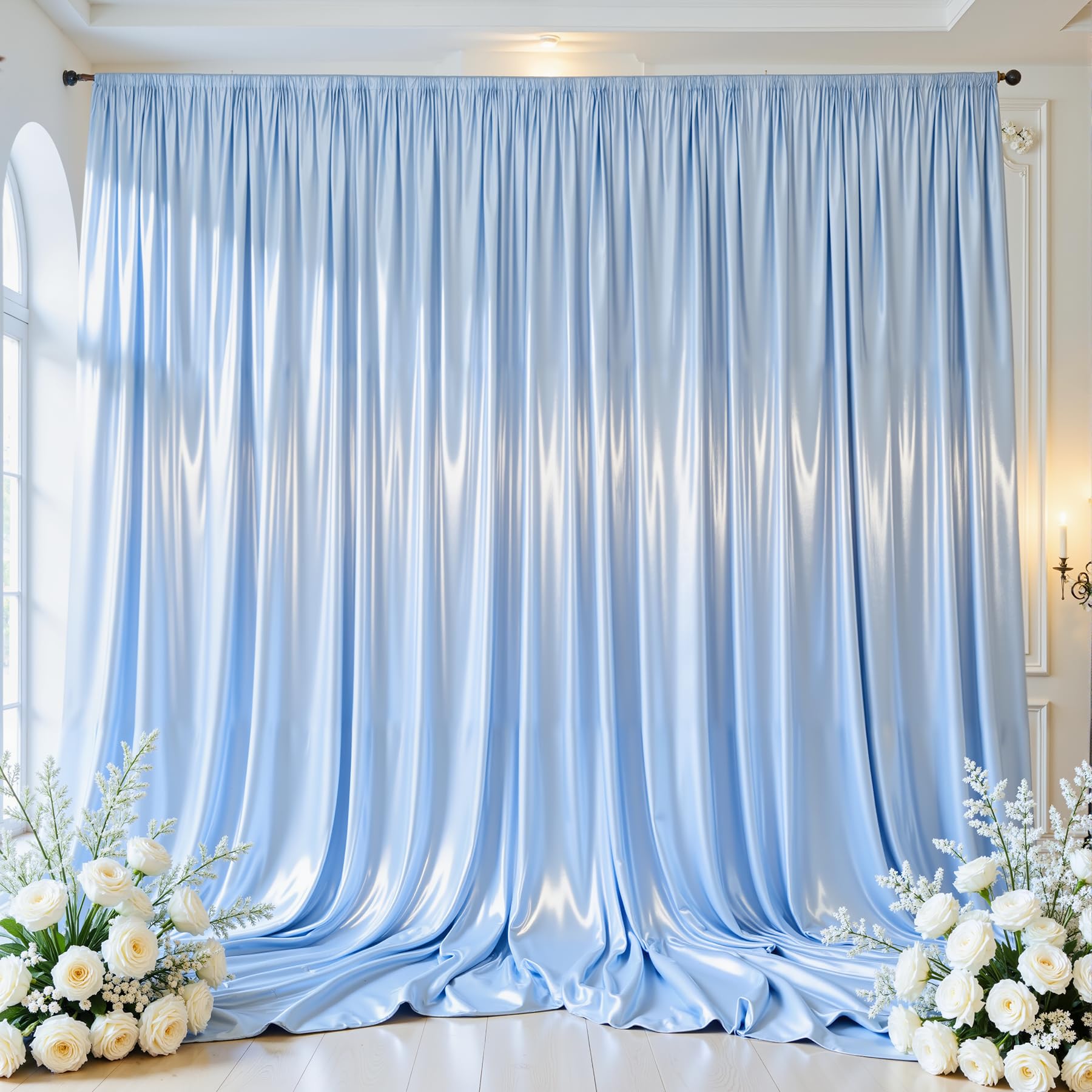 Blue Satin Backdrop Curtains 2 Panels - Glitter Photo Drapes for Baby Shower, 10x10FT Shimmer Back Drop Cloth, Wrinkle Free for Birthday Party Prom