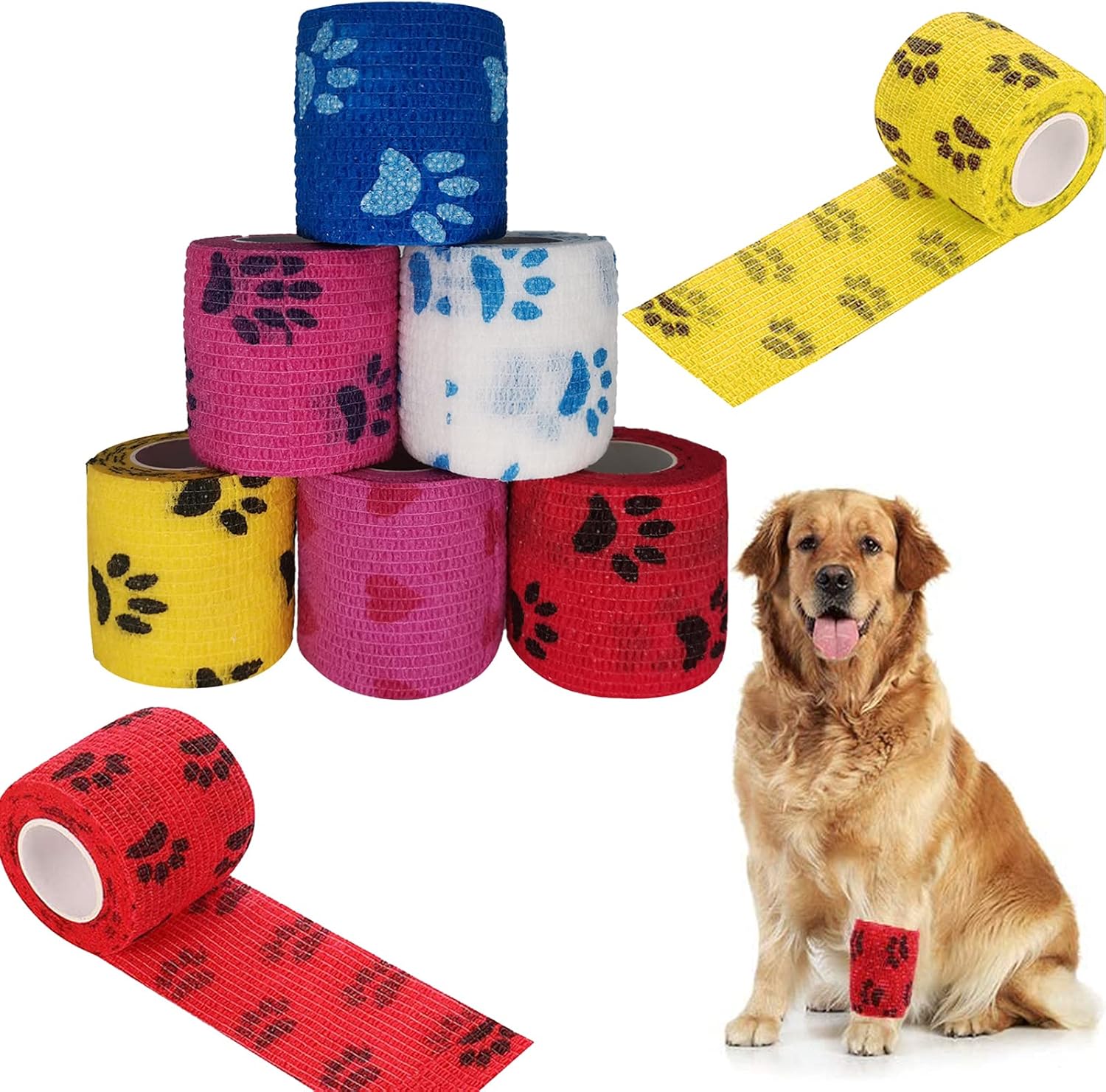 6 rollos de vendaje autoadhesivo para huellas de perro, vendaje elástico para dedos, muñeca, rodillas, tobillos, 5 cm x 4,5 m, vendaje autoadhesivo para perros y mascotas