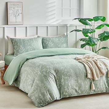 Tokokimo 4 piece Double Bedding set with Fitted Sheet, Floral Double Duvet Cover Set 4 Piece Sage Green Bedding Set 1x Duvet Cover, 2x Pillowcases, 1x 40cm Deep Fitted Sheet