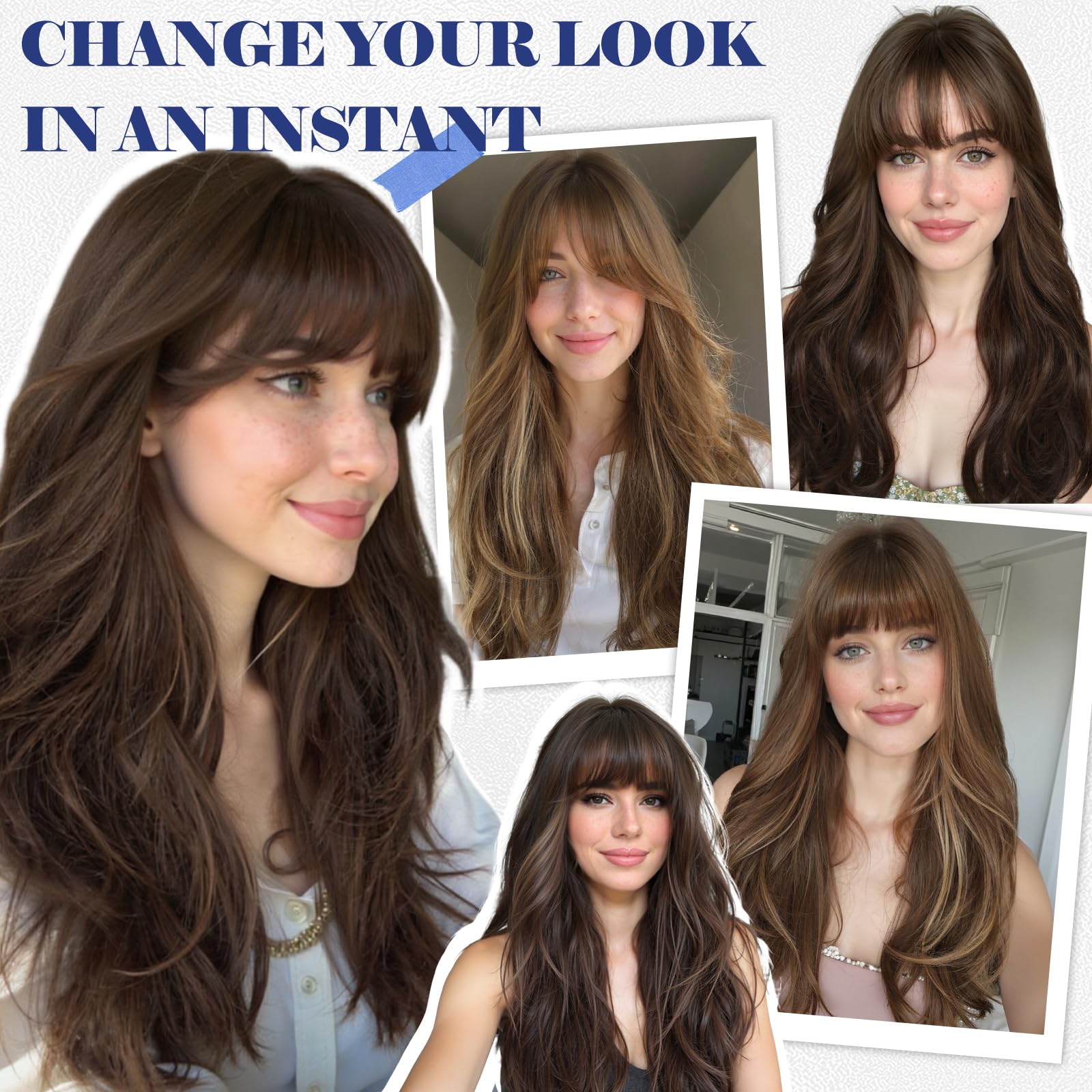 HAIRCUBE Long Ombre Brown con Highlight Parrucca con Bangs Perrucche ricce a strati per donne Parrucche sintetiche naturali per uso quotidiano (pelucas de cabello naturale)