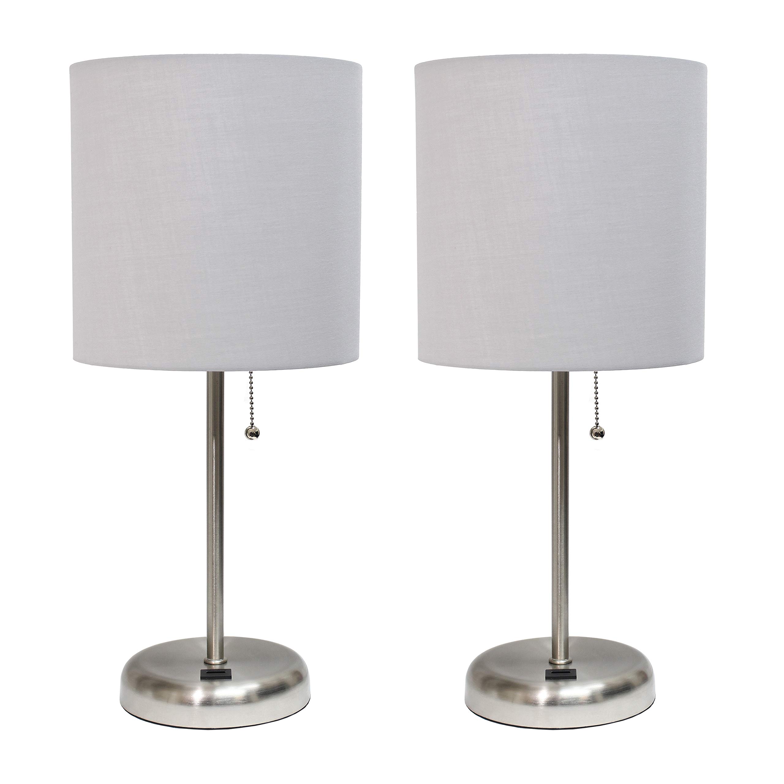 Limelights LC2002-GRY-2PK Brushed Steel Stick Lamp with USB Charging Port and Gray Fabric Shade 2 Pack Table Desk Lamp Set
