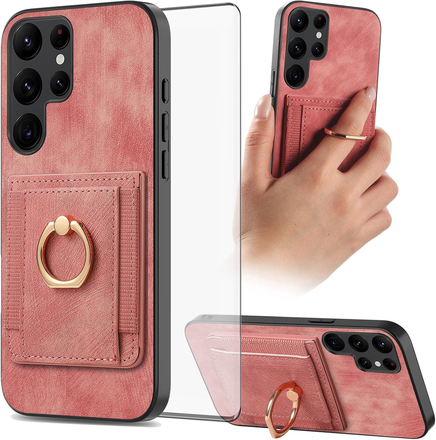 Asuwish Phone Case for Samsung Galaxy S22 Ultra 5G Wallet Cell Cover with Tempered Glass Screen Protector Slim Ring Stand Credit Card Holder Slot S22ultra 22S S 22 S22ultra5g 6.8 Women Men Pink