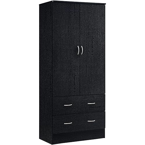 Victorian Elegance 2 Doors Wood Wardrobe Bedroom Closet with Clothing Rod Inside Cabinet and 2 Drawers for Storage, Black, 17" D x 31.5" W x 72" H