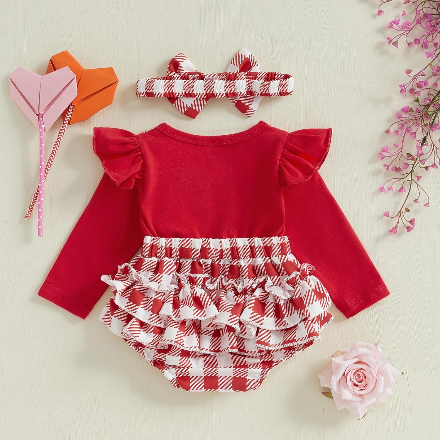 MoZiKQin Baby Girl Valentines Outfit Newborn Romper Dress Love Heart Print Long Sleeve Ruffle Skirt Jumpsuit+Headband - Image 3