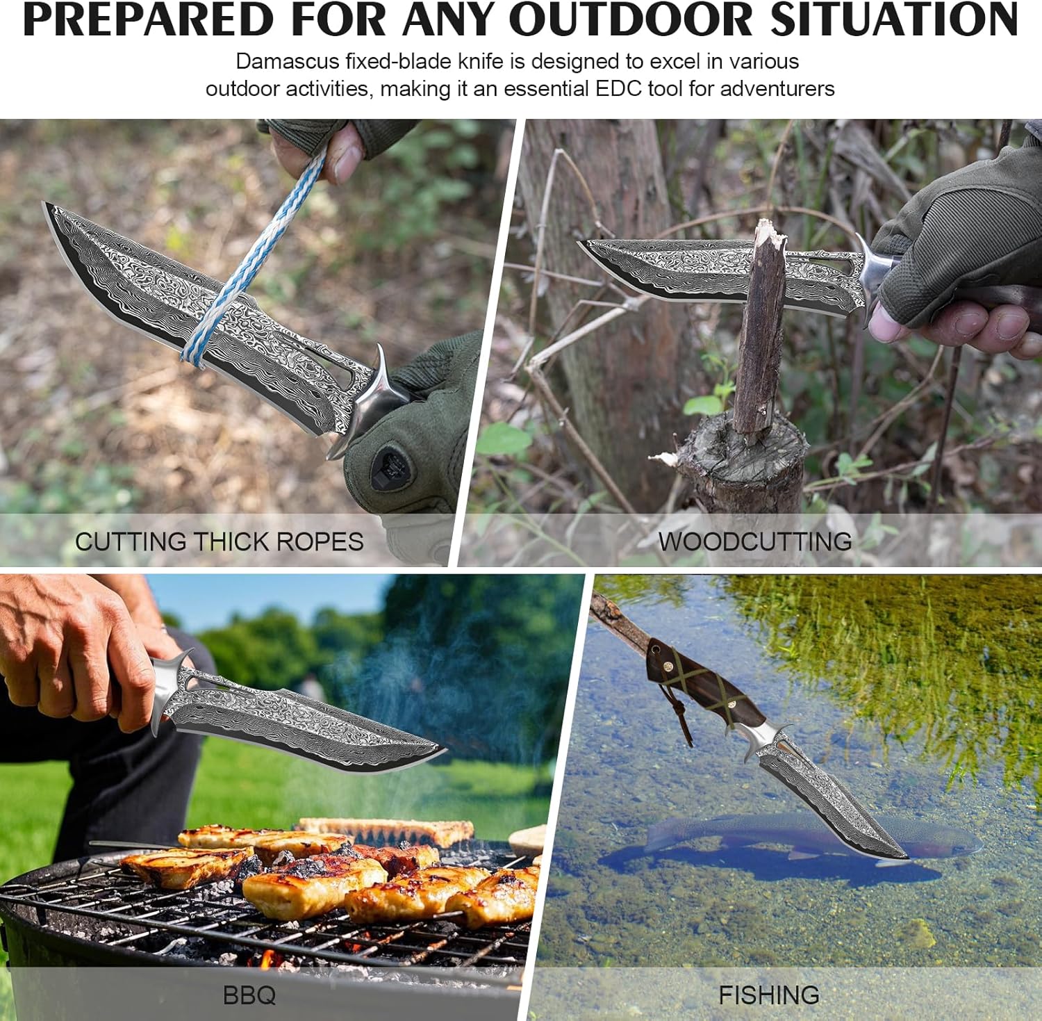 Damascus Hunting Knife, 10.4" Handmade Bowie Knife with Sheath, Real Damascus Steel Knives with VG10 Core &Wood Handle, Fixed Blade Knives for men women, Tactical, Survival, Camping, Gifts for Men Women