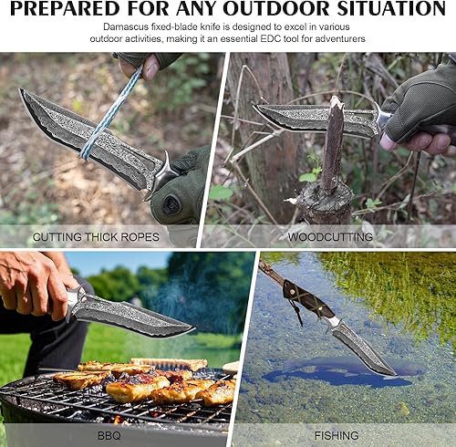 Miniatura 6 de Cuchillo de caza de Damasco hecho a mano, cuchillo Bowie de hoja fija de 10.4 pulgadas con funda, cuchillos de acero de Damasco real con núcleo VG10