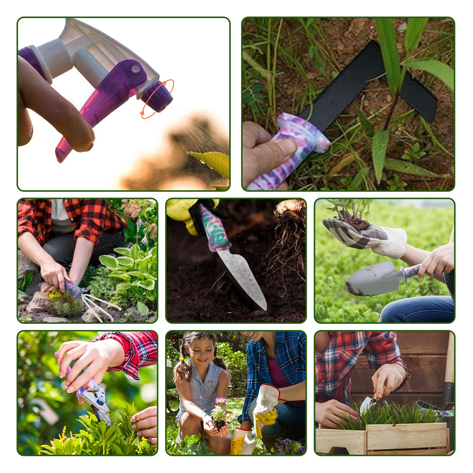 Juego de herramientas de jardinería con maleta, 10 herramientas de jardinería con estampado florales, mango ergonómico espátula rascador deshierente podadora pulverizadora