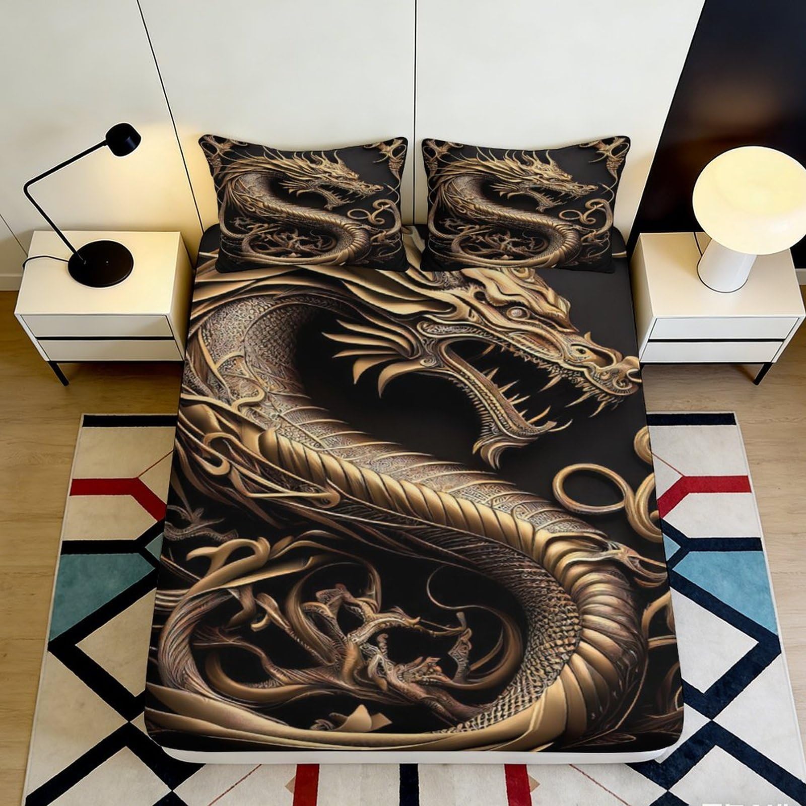 3D Printed Golden Dragon Fitted Sheet Microfiber Soft Durable Black Bed Cover with 3D Printed Dragon Design Mattress Cover for Bedroom Dormitory Guest Room 200x200x25cm