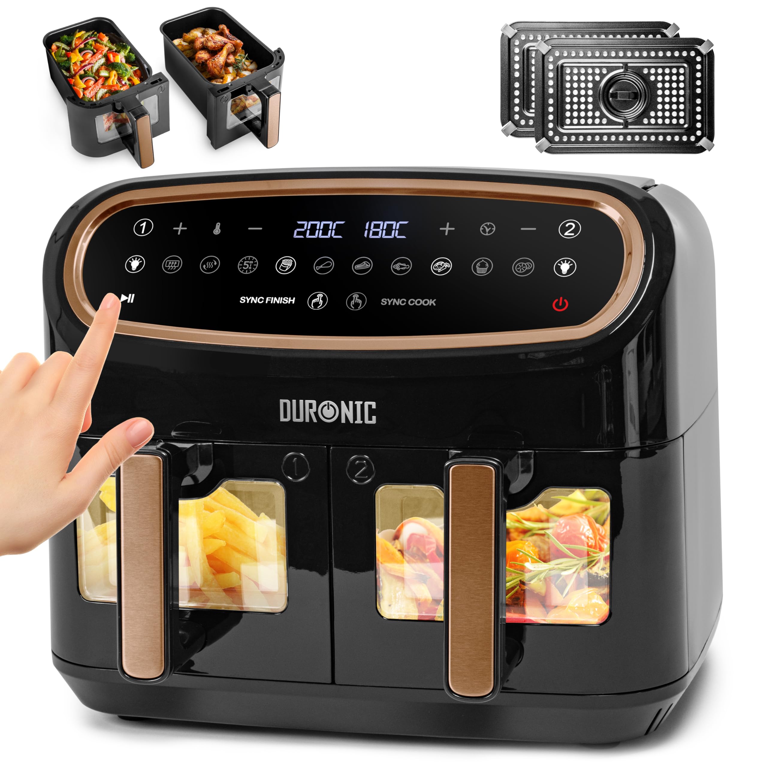 Duronic XXL Digital Air Fryer AF24 BG 10L Family Size Air Fryers Double Drawer 10in1 Dual Zone Extra Large AirFryer with Window for Cooking with Dishwasher Safe Non-Stick Baskets Black & Gold — image 1