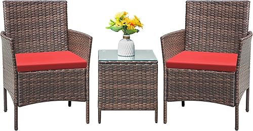 Miniatura 10 de Flamaker Juego de muebles de patio de 3 piezas de ratán para todo tipo de clima, sillas de patio con mesa de vidrio templado para porche, bistró y