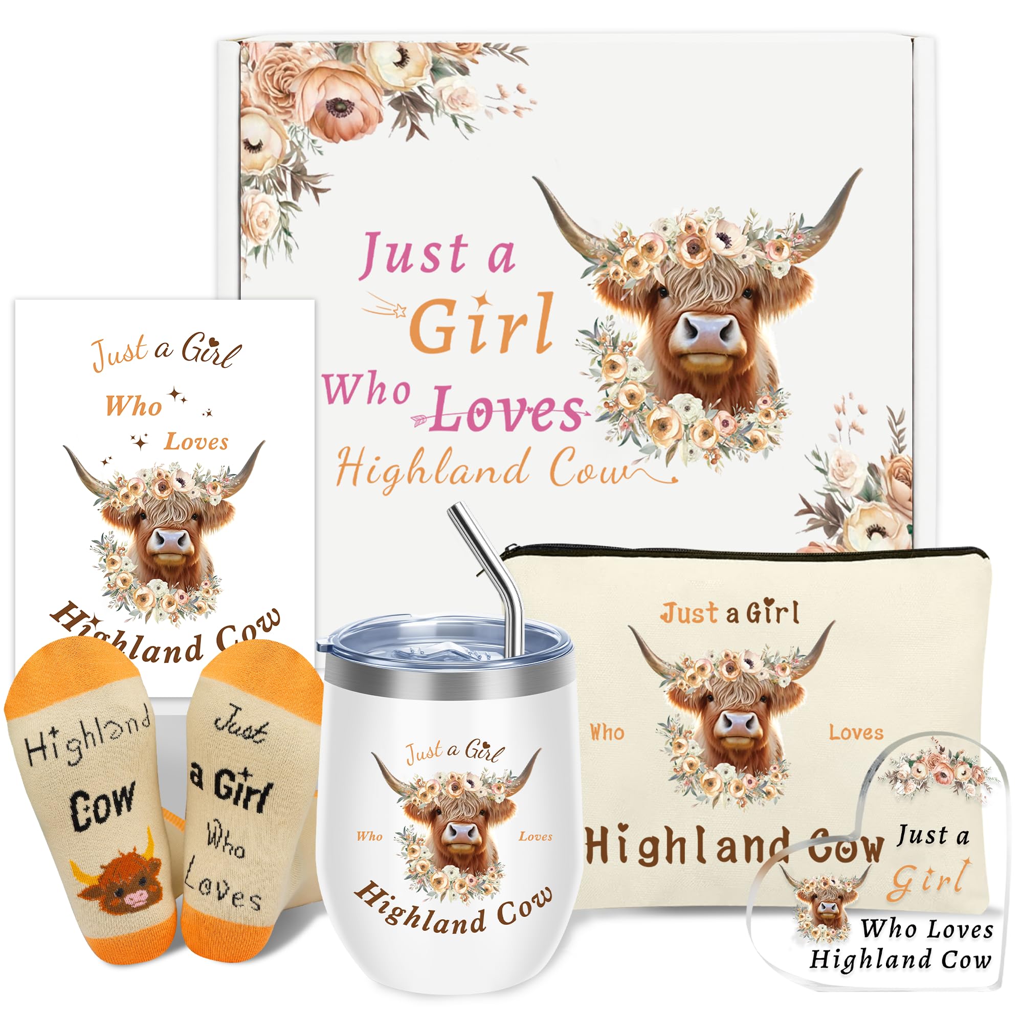 Highland Cows Gifts Set for Women, 5 Pcs Highland Cow Themed Stuff Set for Highlands Cow Lover Birthday Gifts,Christmas Birthday Graduation Gift for Cows Lovers, Just a Girl Who Loves Highlands Cowes