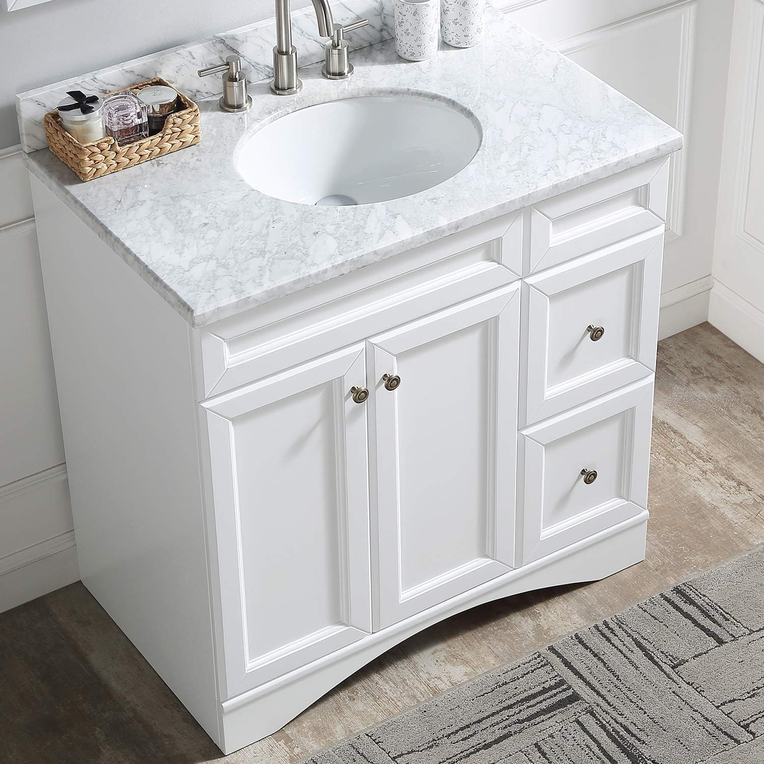 Buy 36 Single Bathroom Vanity Set In White With Marble Top And Round Sink