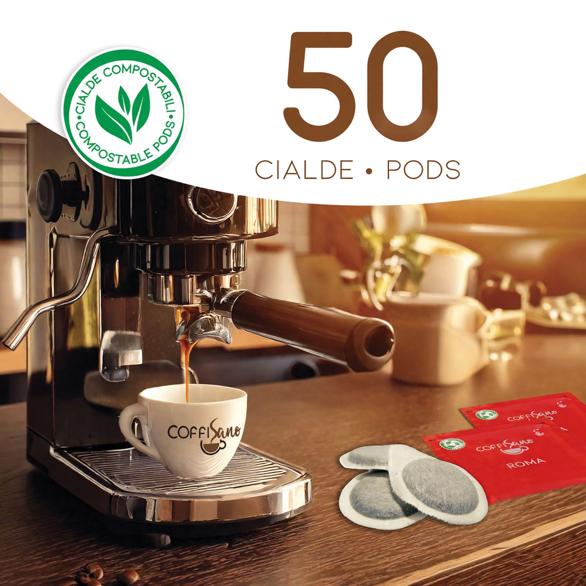 COFFISANO 50 Cialde Caffè in Filtro Carta Compostabile ESE 44 mm Miscela Roma, Bustine Espresso Italiano Monodose – Gusto Cremoso ed Equilibrato (Confezione da 4)