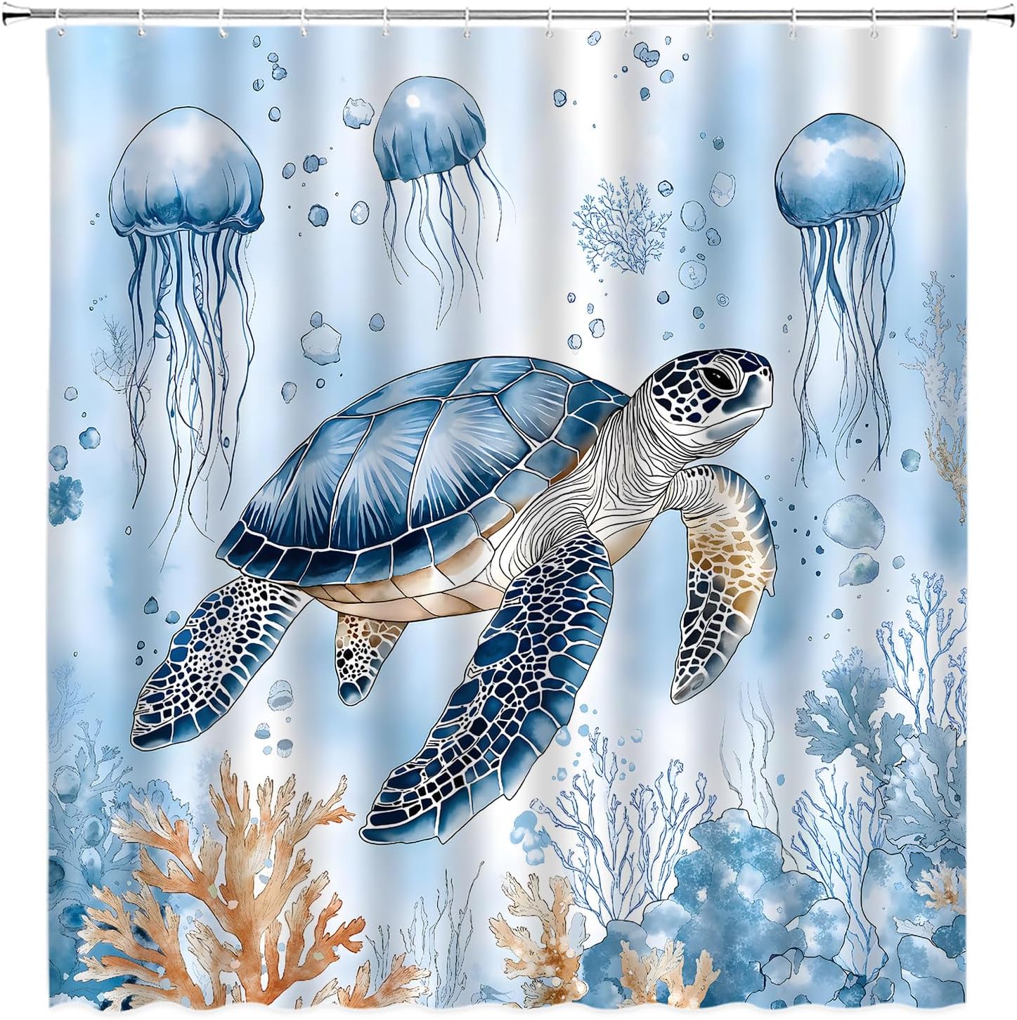 Sea Turtle Shower Curtain Underwater World Ocean Animal Coral Jellyfish Marine Life Nautical Beach Theme Polyester Curtains Bathroom Decor with Hooks 78" Wx70 H