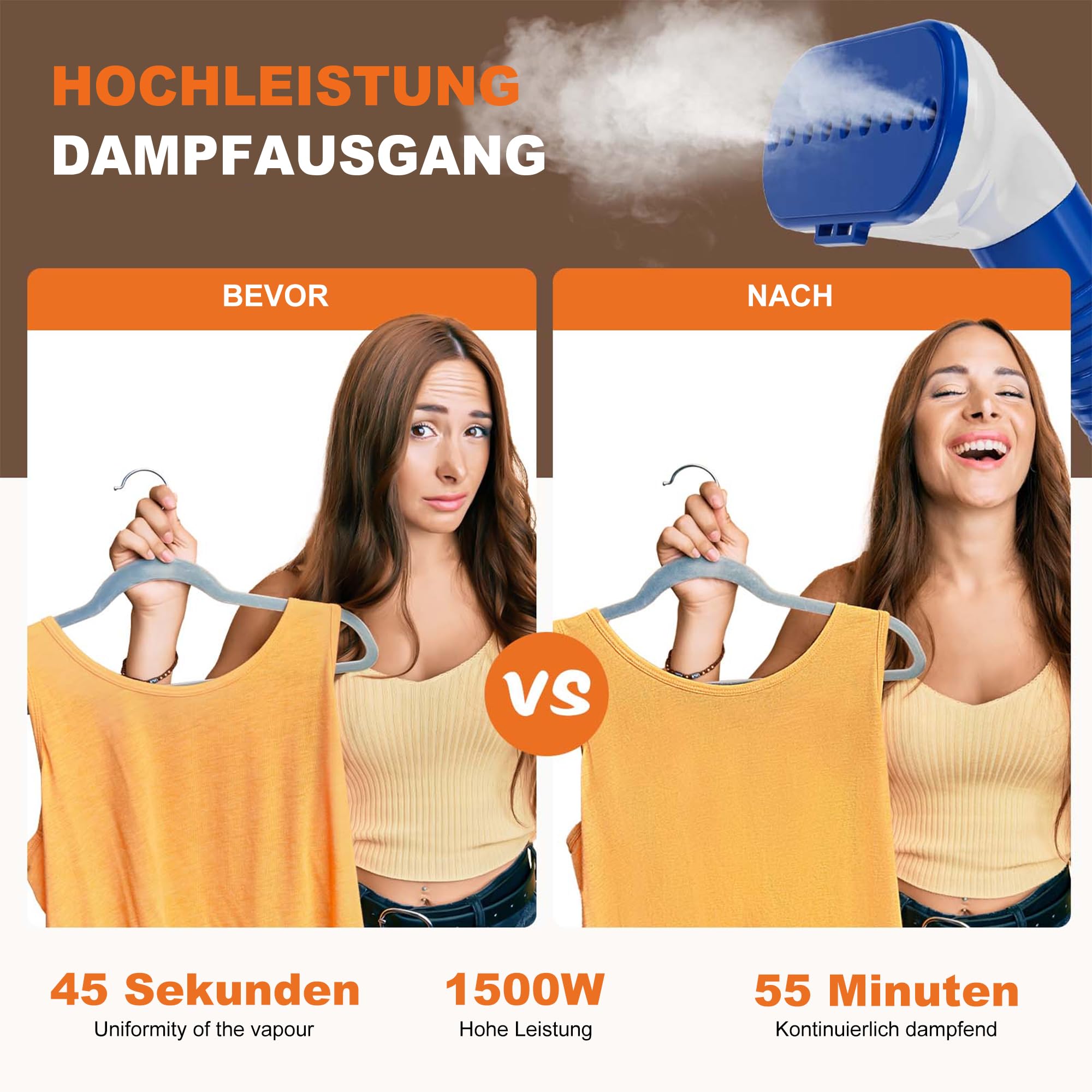 Vertikaler Dampfglätter 1500W Leistung, 1.7L Tank für 55 Min. Dauerdampf, heizt in 45 Sekunden auf, Rollende Räder für Mobilität, Effiziente Faltenentfernung für Kleidung, Professionelle Stoffpflege.
