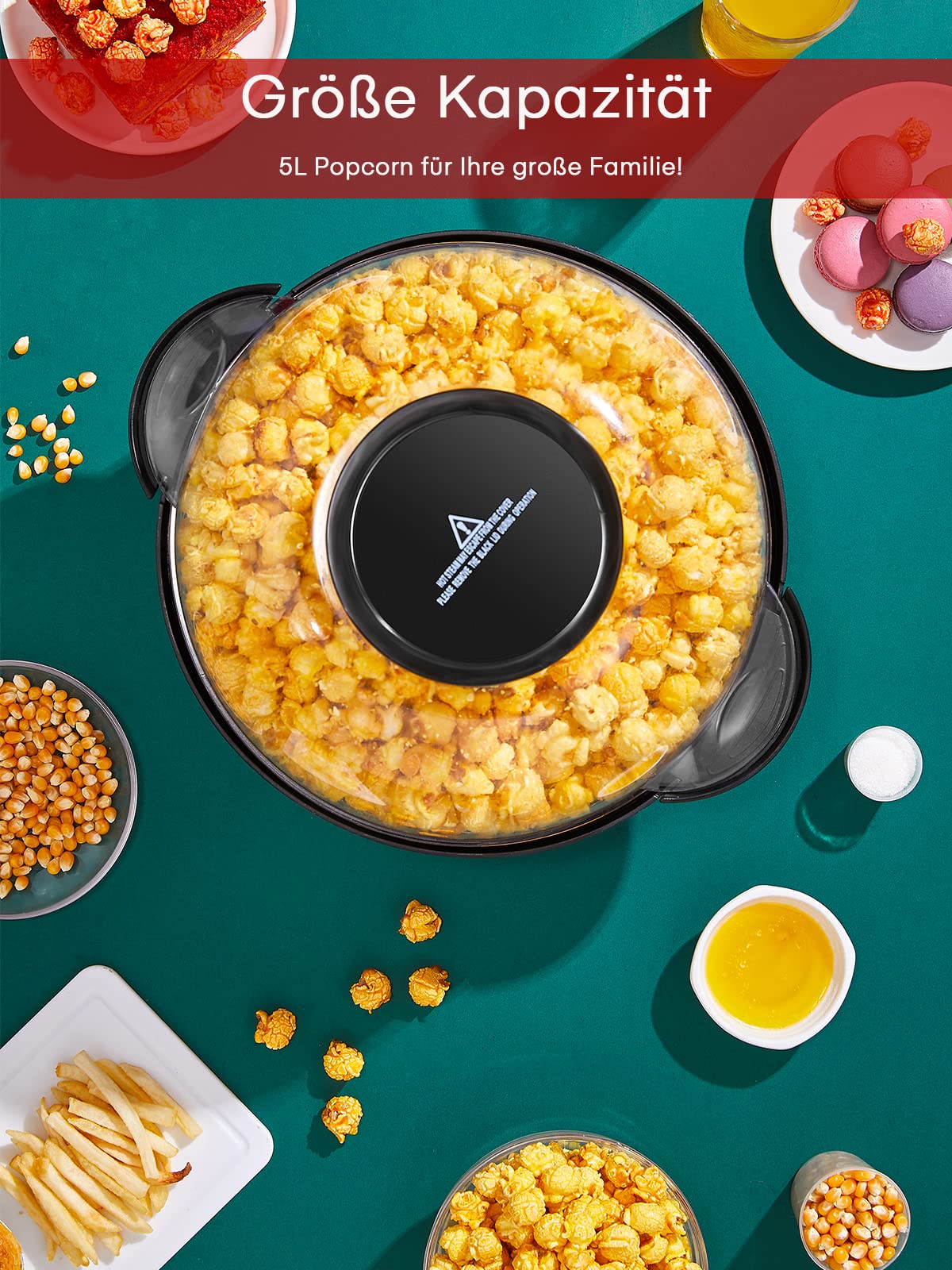 FOHERE Popcornmaschine,5.5L Popcorn Maker für Zuhause,Popcorn Machine mit Zucker, Butter, Antihaftbeschichtung und Abnehmbares Heizfläche, Stille und Schnelle, Großer Deckel als Servierschale (RED)
