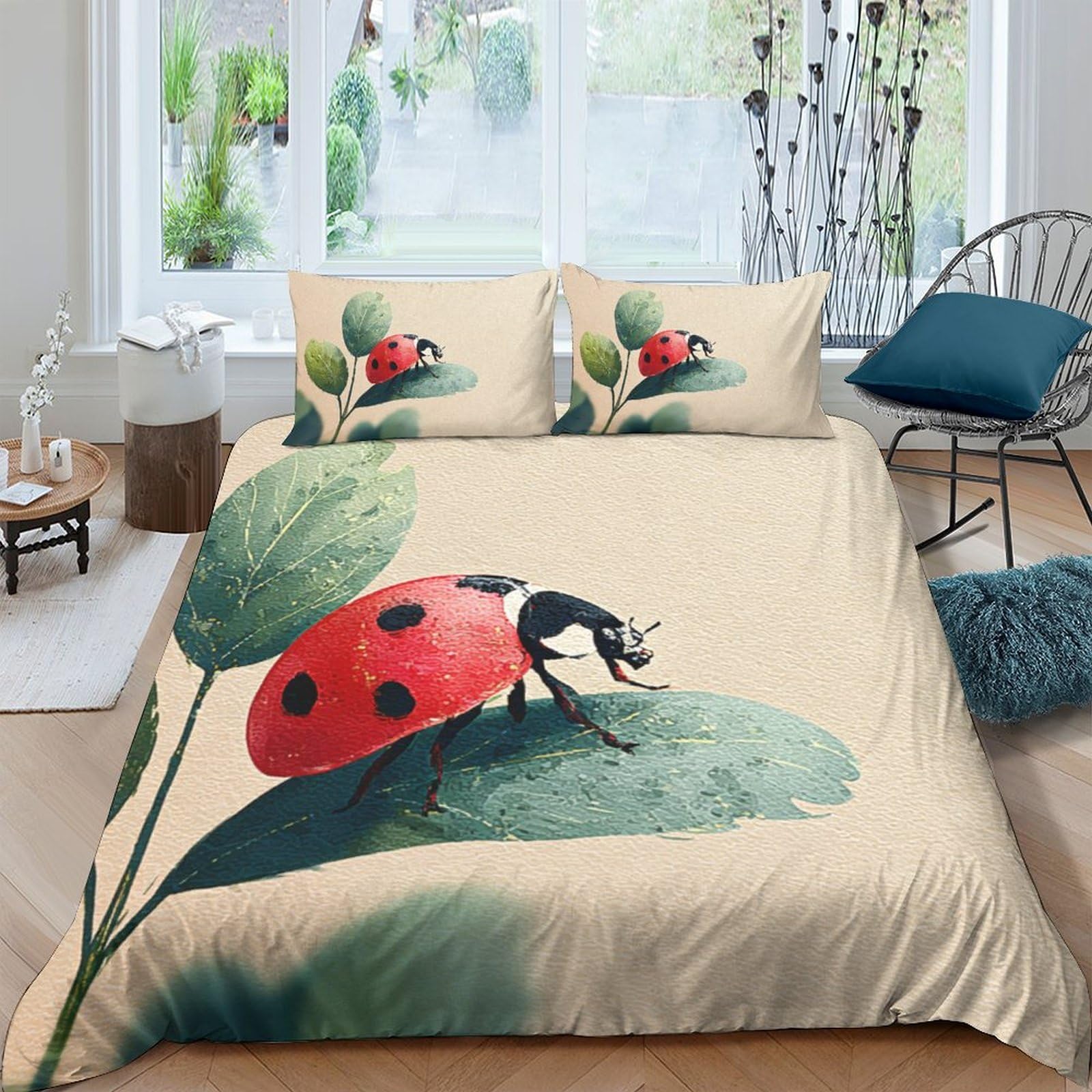 Ctjqhvkz Style-4 3D Printed Ladybug Leaf Fitted Sheet Microfiber Soft Anti-Slip Bed Cover Bedroom Dorm Decorative Mattress Protector Single（135X200cm）