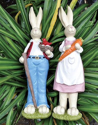 Miniatura 5 de Decoraciones de conejito de Pascua, pareja de conejos, con canaletas y zanahoria, estatua de manualidades pintada a mano, figura de conejo de Pascua