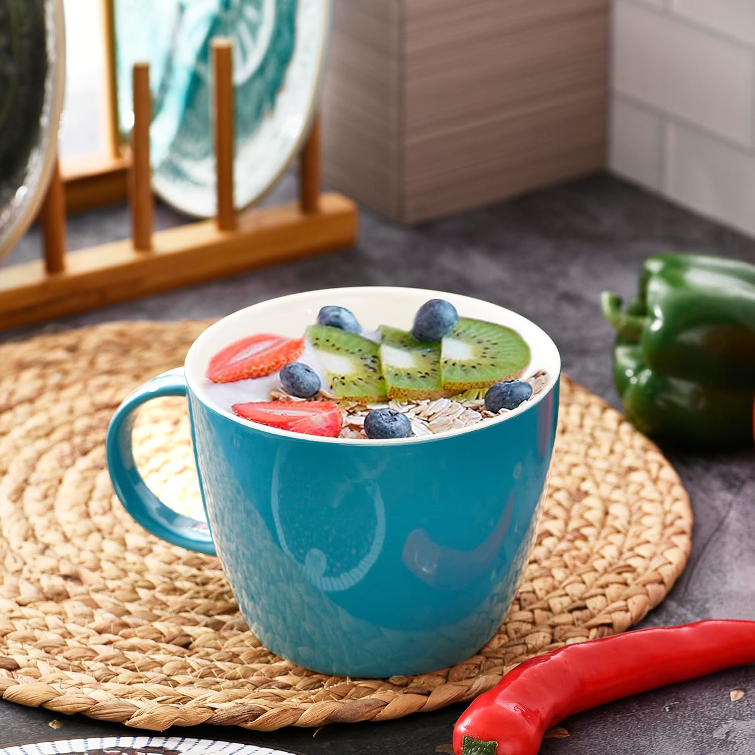 30oz Ceramic Jumbo Coffee Mug Soup Bowl with Handle for Soup, Coffee, Tea, Ice Cream, Fruit, Cereal, Milk, Mocha, Cocoa and Mulled Drinks, Microwave and Dishwasher Safe, Aqua Blue
