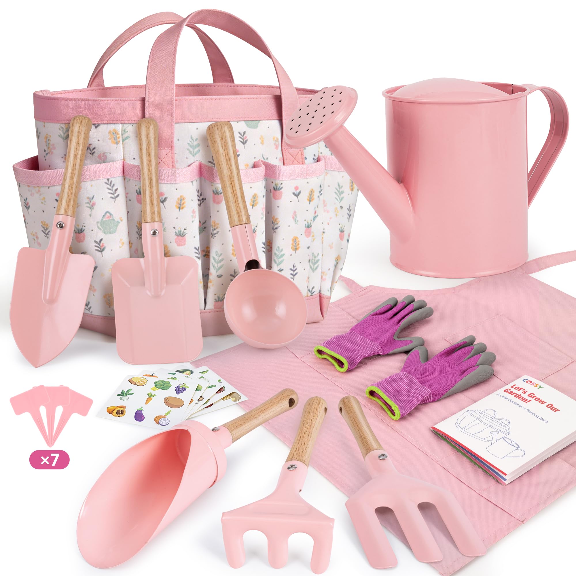cossy Herramientas de Jardinería, Kit Jardinería para Niños de 13 Piezas, Herramientas para Huerto, Bolsa de Transporte, Regadera, Palas, Rastrillo, Guantes de Jardinería, Delantal, Rosa