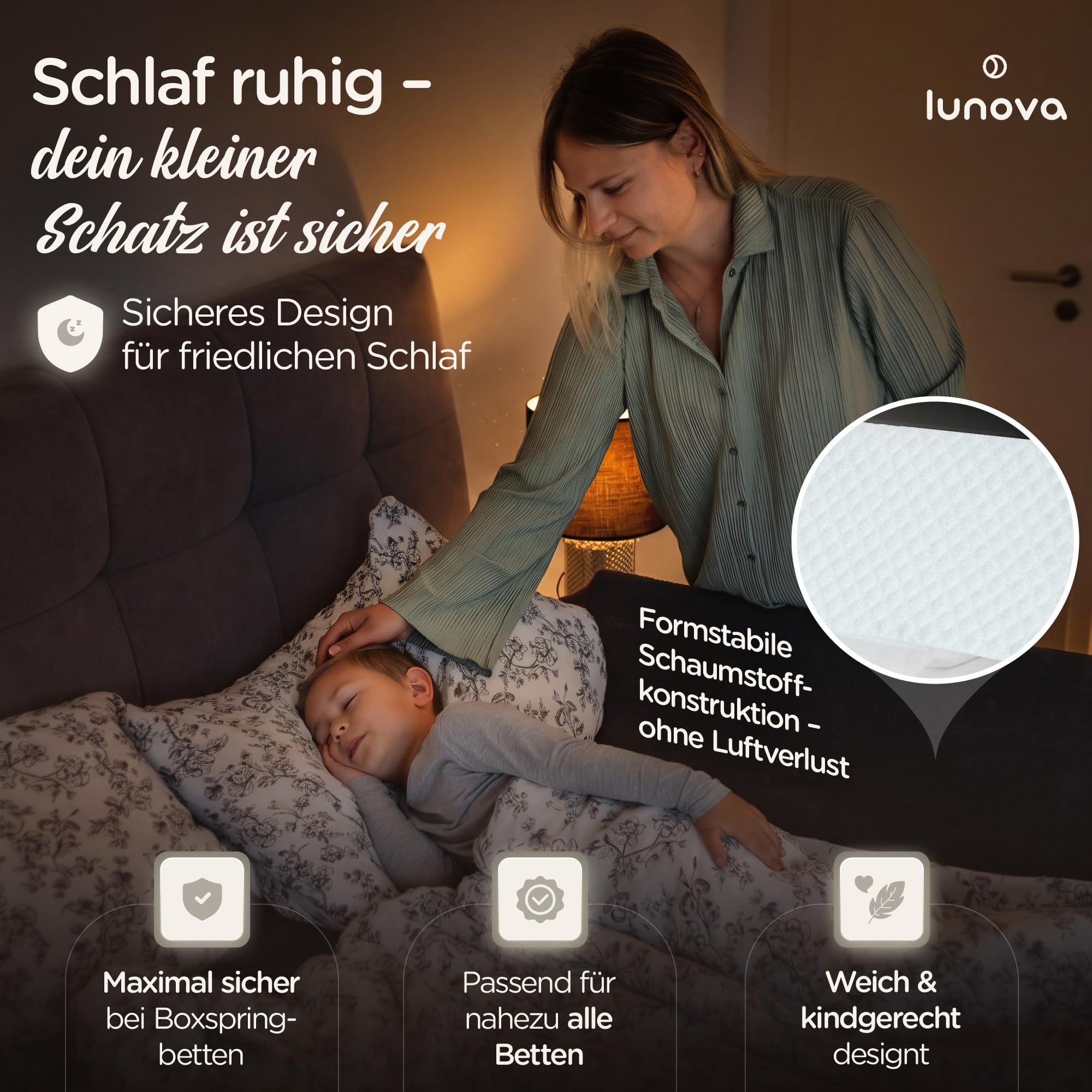 LUNOVA® Rausfallschutz Bett Kinder & Baby - Boxspringbett & Elternbett | Formstabiler Schaumstoff statt aufblasbar · ohne Montage · weiche Bettgitter-Alternative · Fallschutz fürs Kinderbett, 150 cm