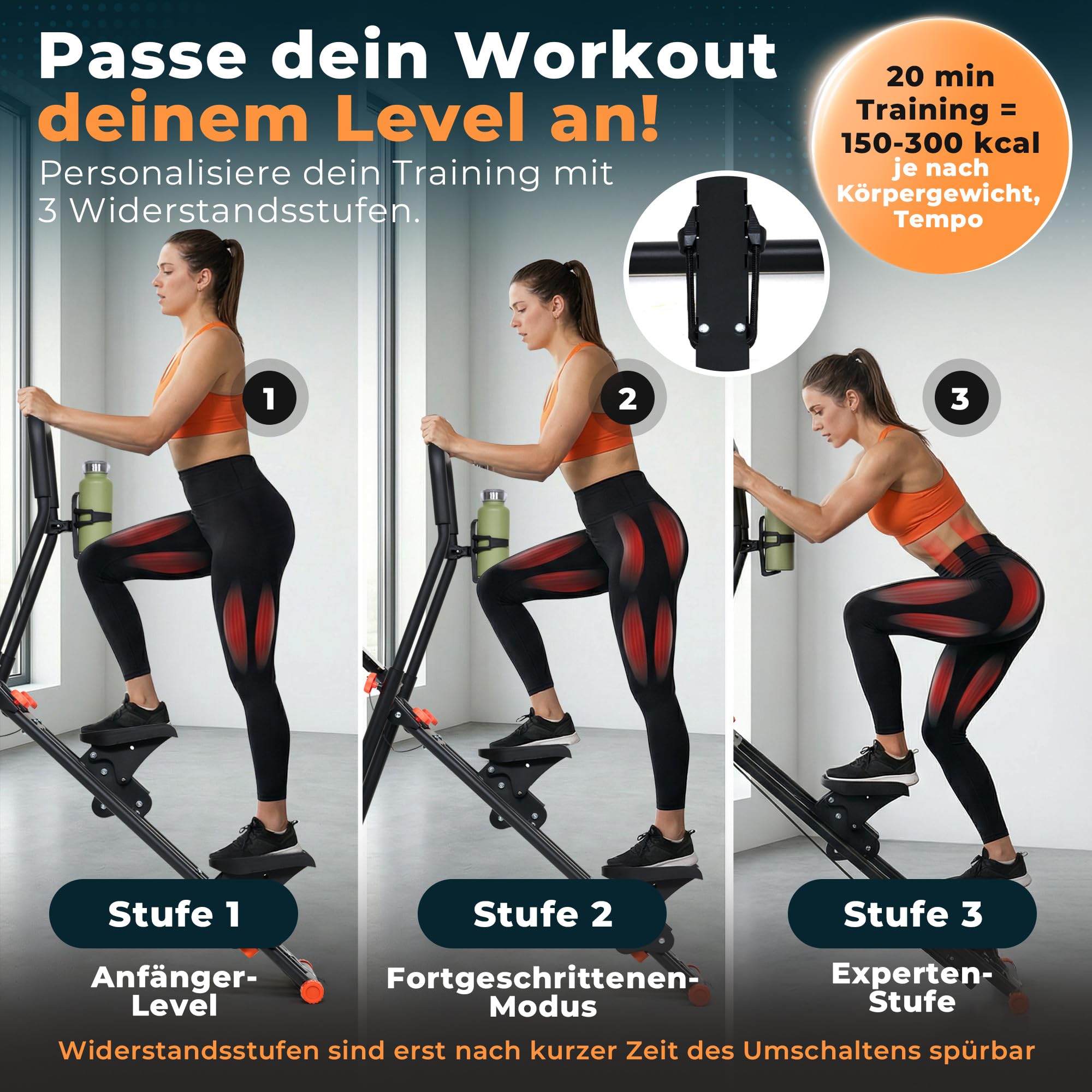 Stairmaster für Zuhause – Movana Treppensteiger Fitnessgerät mit 3 Schwierigkeitsstufen für Beginner, Testsieger, Handy- & Flaschenhalter, Cardio & Kraft, Stair Climber Stepper Heimtrainer