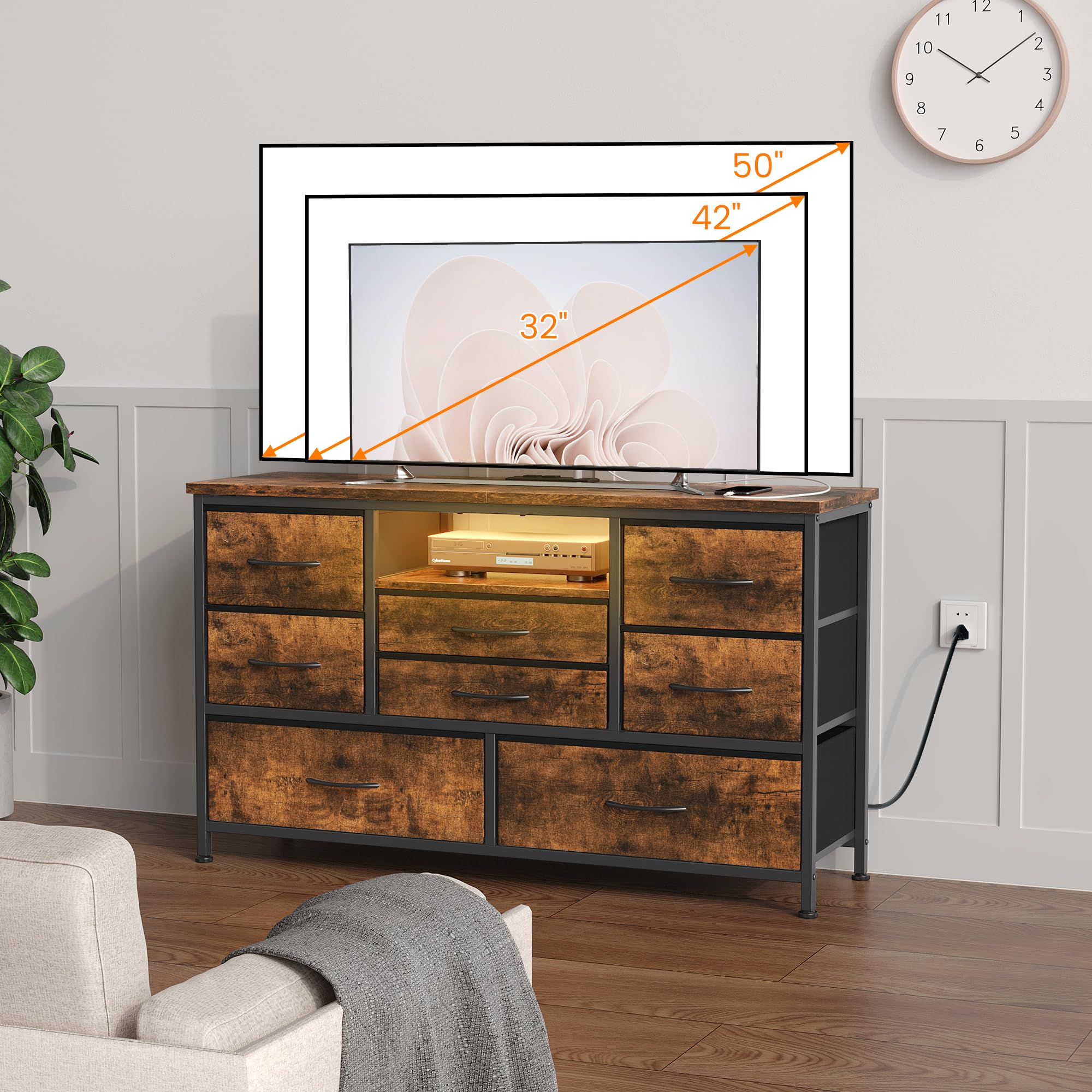 Garvee Commode de Chambre 8 Tiroirs en Tissu, Meuble TV avec Lumière LED, Station de Charge, Meuble de Rangement pour Chambre Enfants, Salon, Couloir