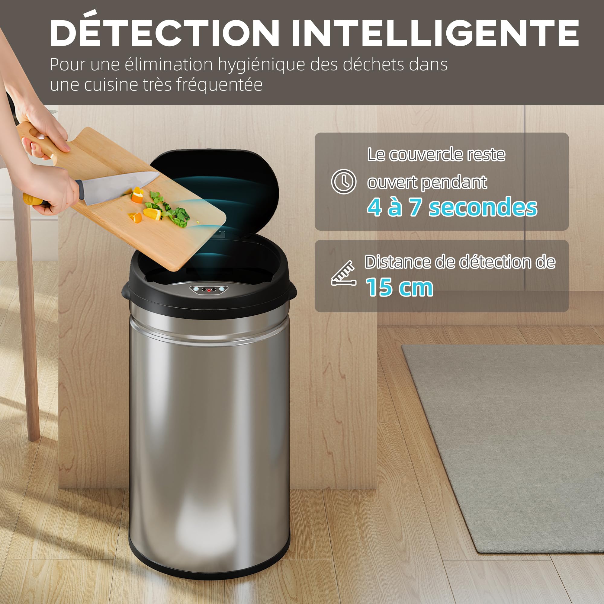 HOMCOM Poubelle de cuisine automatique 30L en acier inoxydable, couvercle à fermeture en douceur, poubelle à capteur de mouvement sans contact, résistant aux empreintes digitales, argent