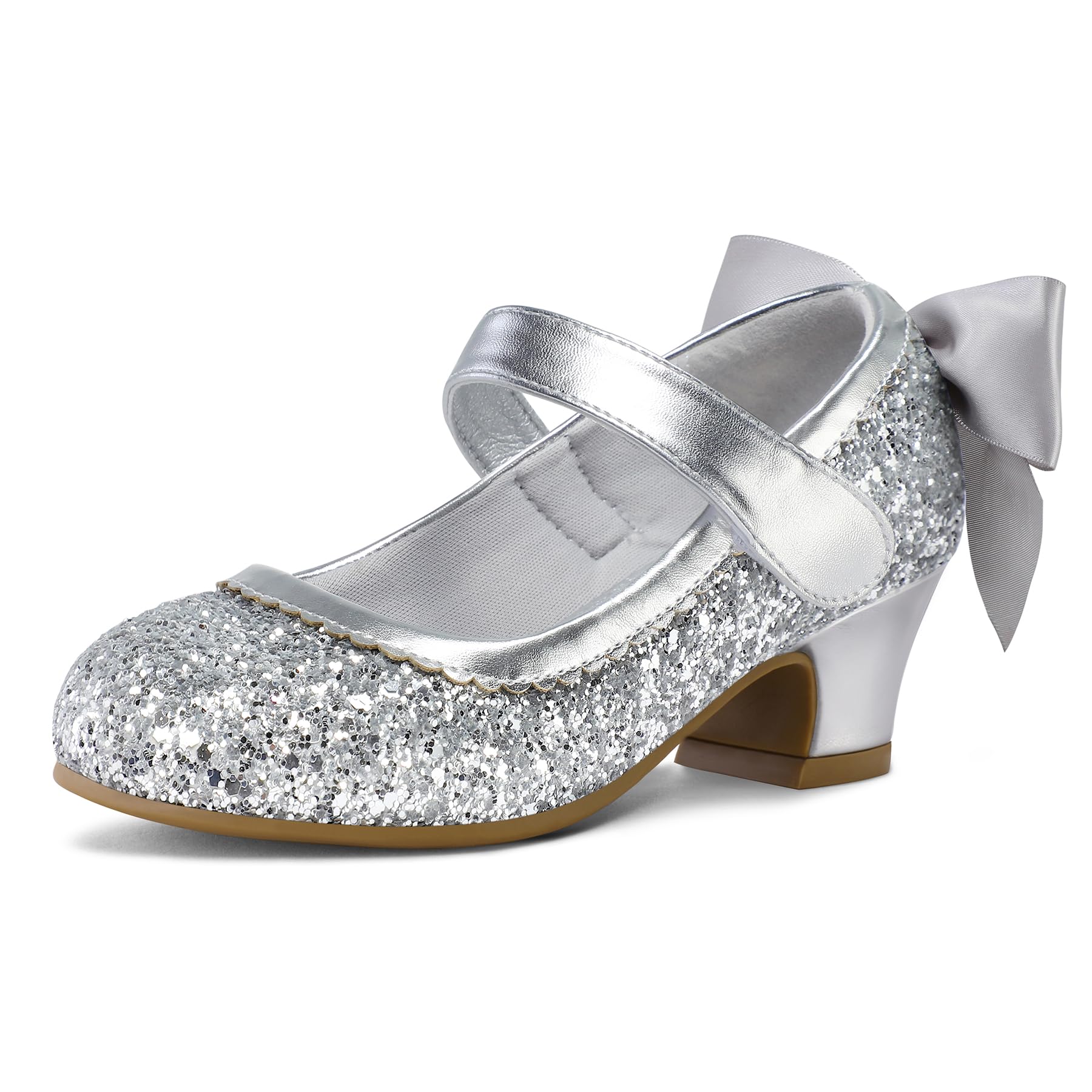 K KomForme Girls Dress Shoes Glitter Mary Jane Pumps with Bow, Low Heel Party Wedding Princess Shoes (Toddler/Little Kids/Big Kids)