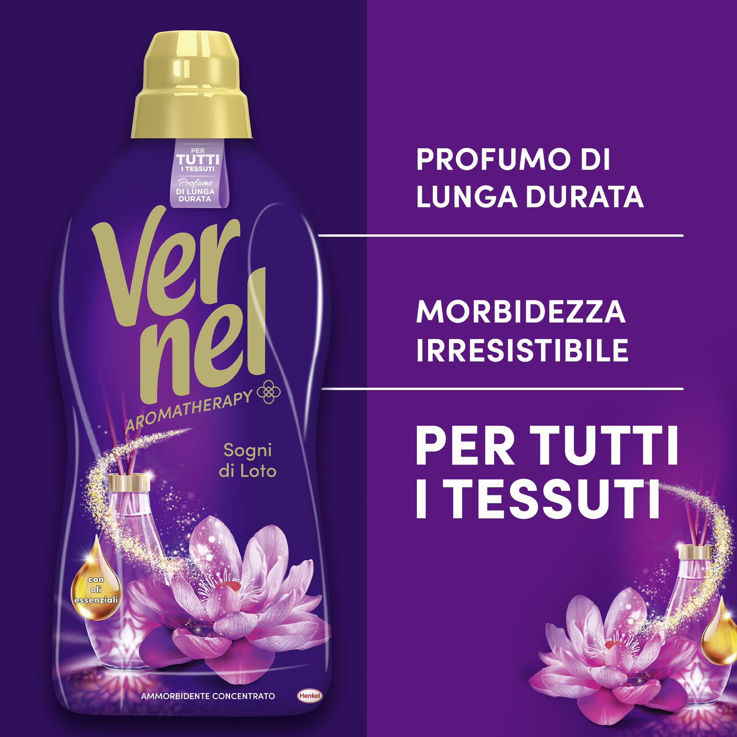 Ammorbidente Concentrato Vernel Aromatherapy Sogni di Loto (10 x 48 lavaggi), Ammorbidente Concentrato per Tutti i Tessuti, Profumo di Lunga Durata con Oli Essenziali