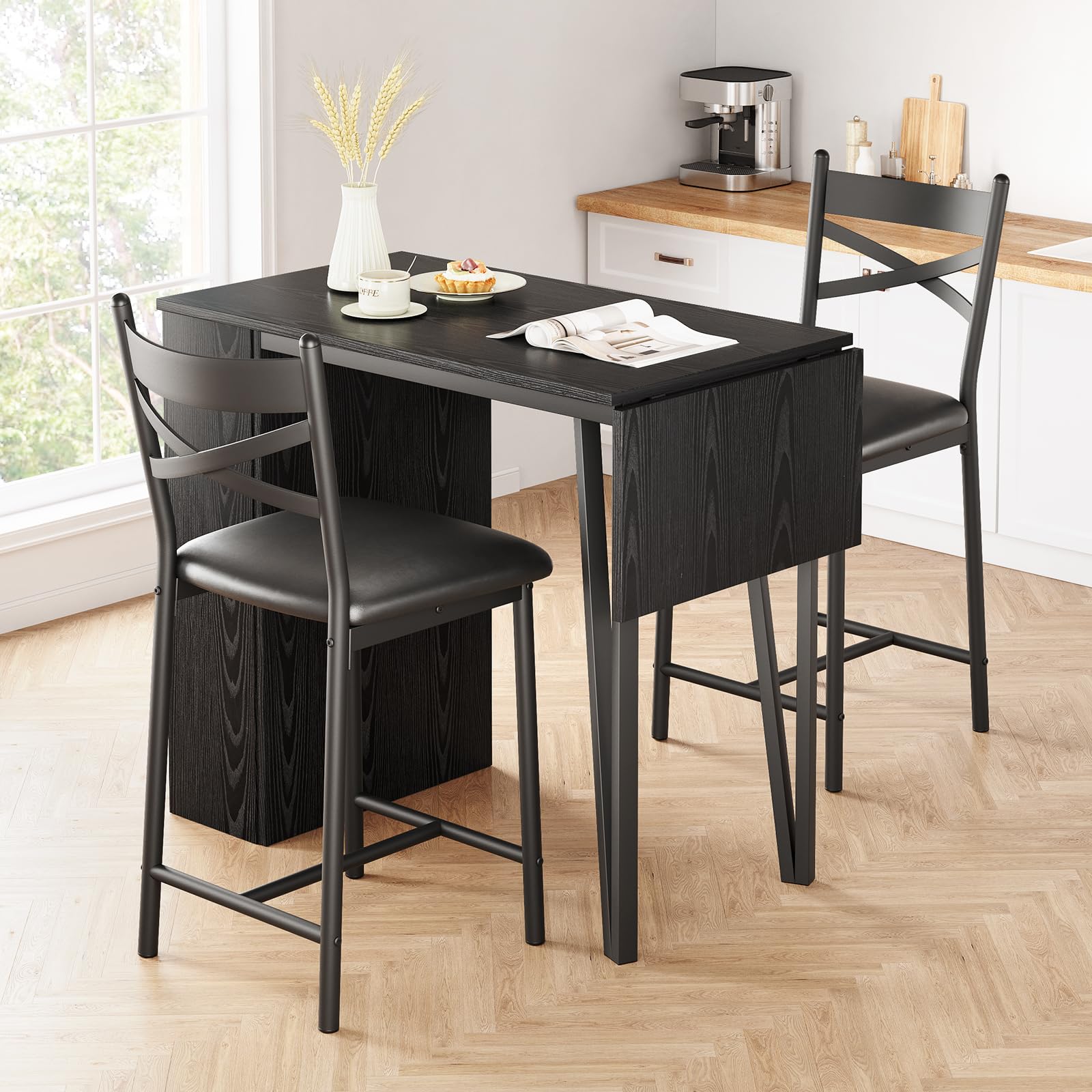 GarveeLife Set Mesa Bar Alta 1+2 Taburetes Estante Negro 120x50x91.5cm | MDF Hierro Tapizado Soft Negra 1 Mesa 2 Taburetes Estante Inferior Extensible Ahorro Espacio Cocina Salón Bar Moderno