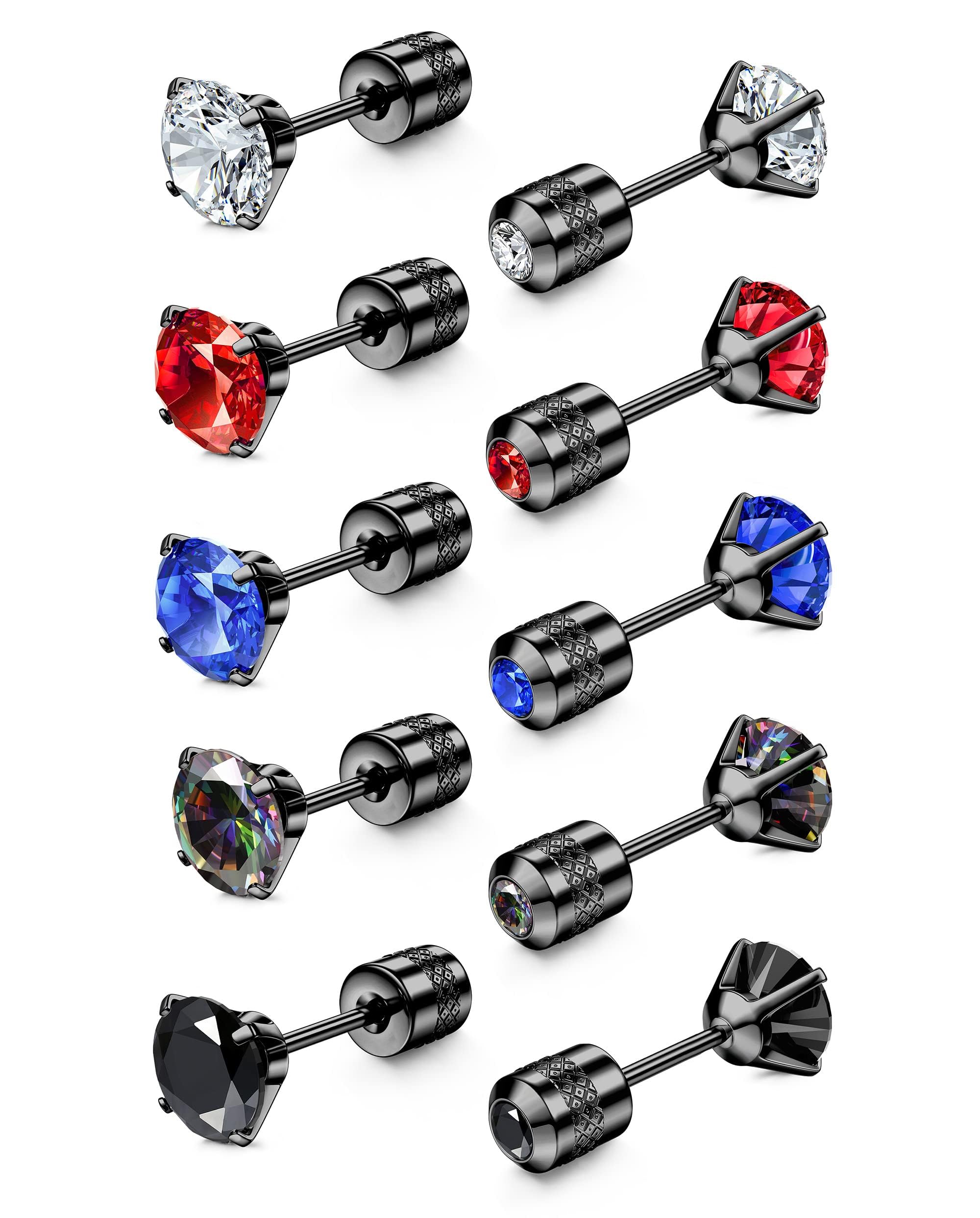 CASSIECA 5 Pairs 𝐒𝐮𝐫𝐠𝐢𝐜𝐚𝐥 𝐒𝐭𝐞𝐞𝐥 𝐄𝐚𝐫𝐫𝐢𝐧𝐠𝐬 Screw Back Stainless Steel Stud Earrings for Women Men, Rainbow 5A Cubic Zirconia
